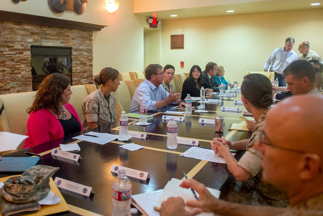 Defense Secretary Ash Carter discusses sexual assault prevention and response during a visit on Camp Pendleton Calif., Aug. 27, 2015. DoD photo by U.S. Air Force Master Sgt. Adrian Cadiz