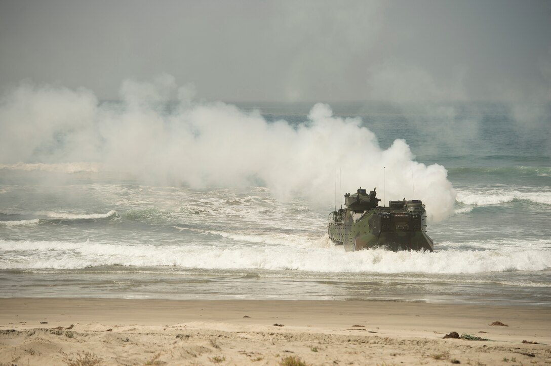 A Marine Corps assault amphibious vehicle participates in a beach assault demonstration as Defense Secretary Ash Carter watches during a visit on Camp Pendleton Calif., Aug. 27, 2015. DoD photo by U.S. Air Force Master Sgt. Adrian Cadiz