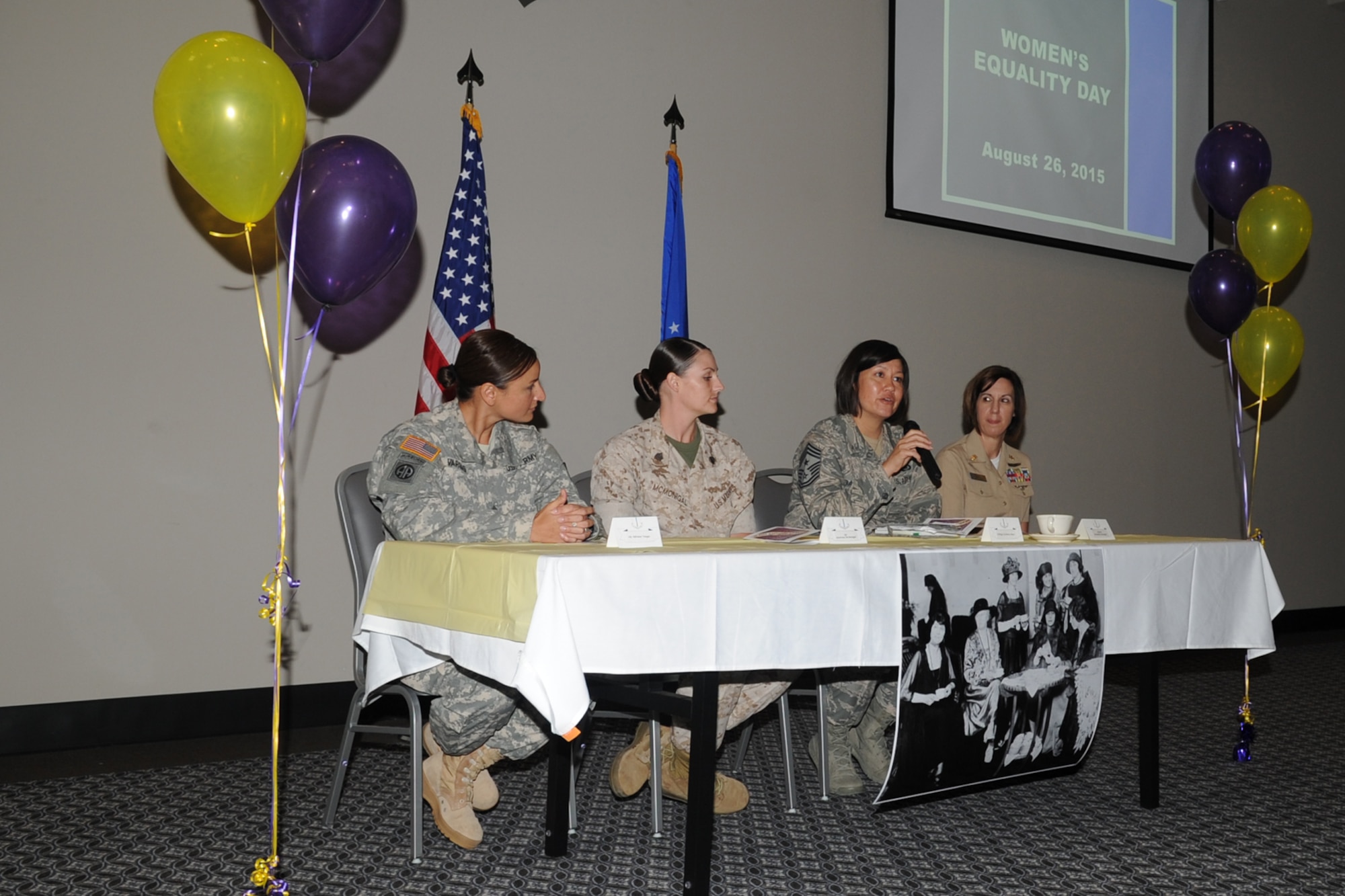 A panel of female service members answer audience questions during a Women’s Equality Day brunch at the Event Center on Goodfellow Air Force Base, Texas, Aug. 26, 2015. The panel members provided insight about the contributions and struggles women may and have faced in the military.(U.S. Air Force photo by Staff Sgt. Laura R. McFarlane/Released)