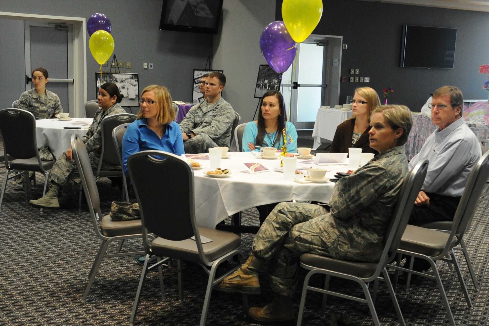 Goodfellow members attend a Women’s Equality Day brunch at the Event Center on Goodfellow Air Force Base, Texas, Aug. 26, 2015. The spectators listened to four senior enlisted female service members who represented each branch of the armed forces talk about their time in the military. (U.S. Air Force photo by Staff Sgt. Laura R. McFarlane/Released)