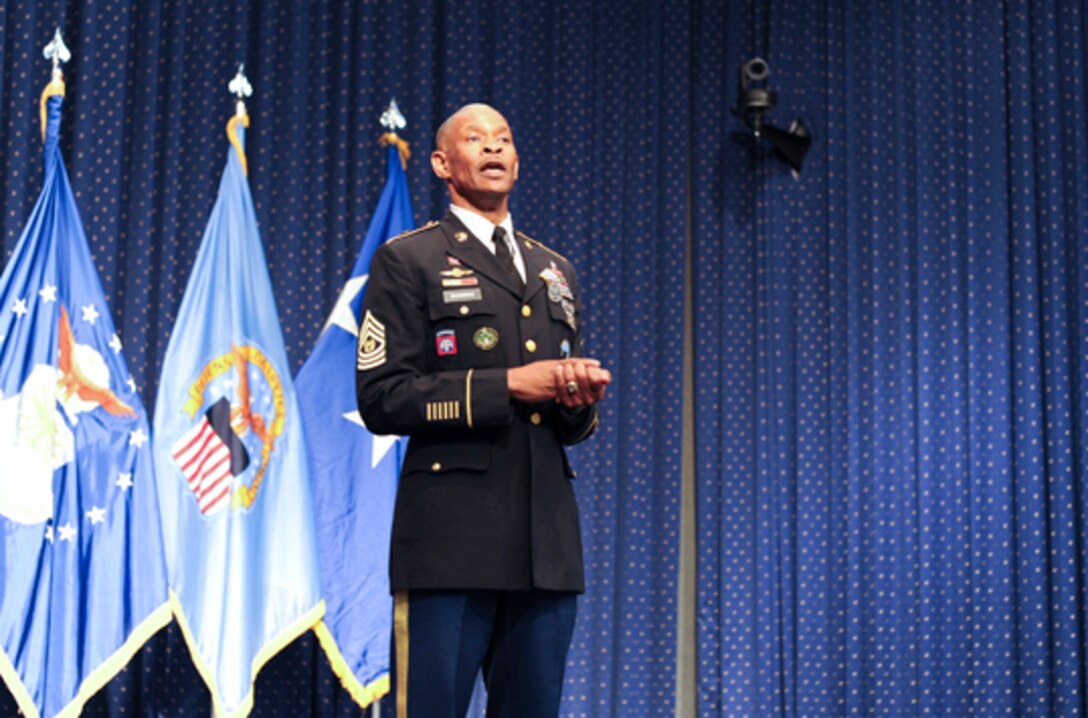 Army Command Sgt. Maj. Sultan Muhammad, former senior enlisted leader of the Defense Logistics Agency, speaks at his retirement ceremony May 27 at the McNamara Headquarters Complex.