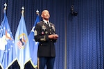 Army Command Sgt. Maj. Sultan Muhammad, former senior enlisted leader of the Defense Logistics Agency, speaks at his retirement ceremony May 27 at the McNamara Headquarters Complex.