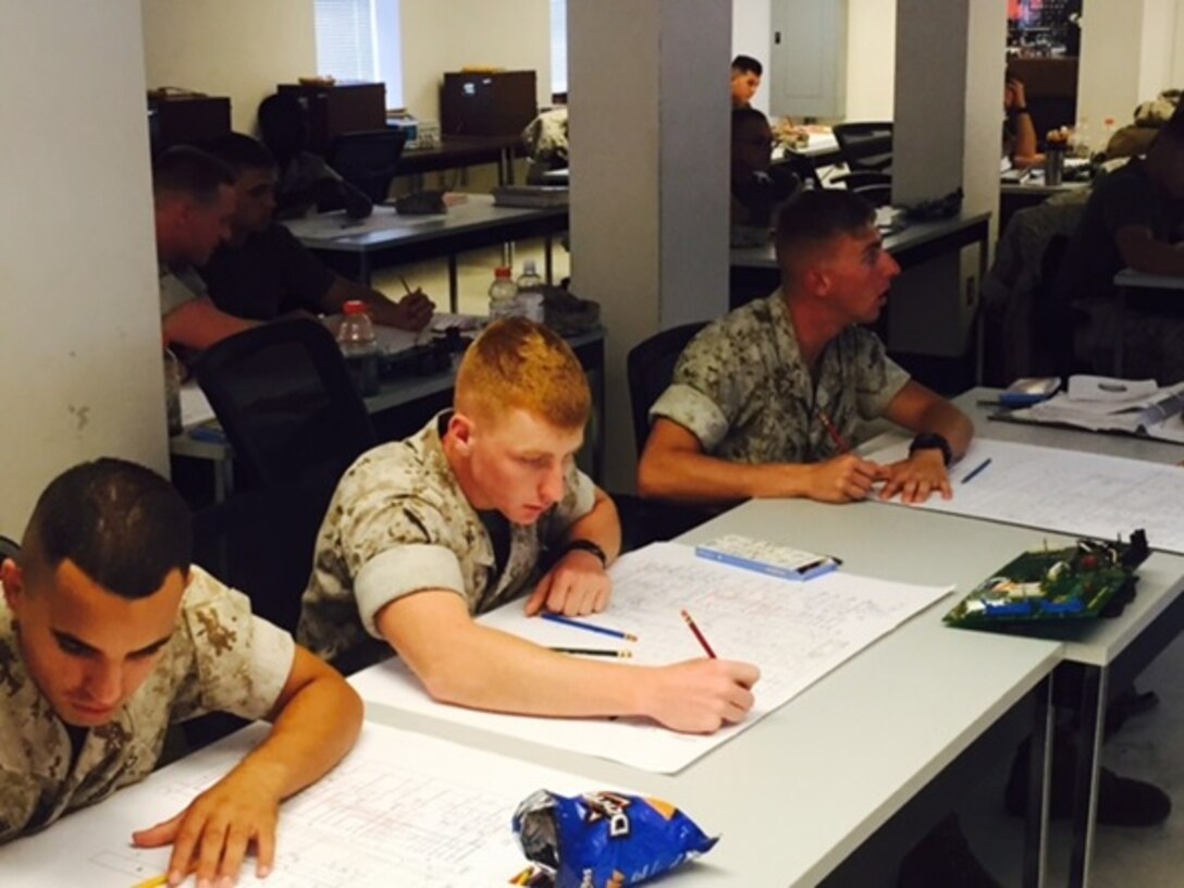 (From Left to Right) Pfcs. Ortiz, Hale, and Lima from BEEEST 8-15 learn about color coding portions of an A1 Backplane Module from Bravo Series, Tactical Quiet Generators (TQGs) taught by Sgt. Davenport at Marine Corps Engineer School, Camp Lejeune, N.C. August 24, 2015.  This task is one of seventeen the students must master in order to receive the 1142 Military Occupational Specialty (MOS).
