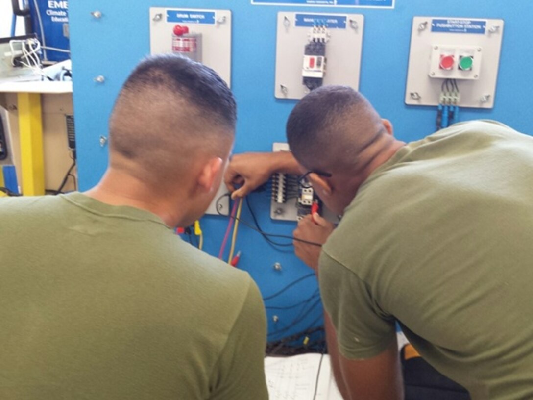 Pfcs. Isael J. Cueto and  David A. Bauer from BRACT 5-15 wire in different motors and controllers in order to master the motors and motor controllers practical application at Marine Corps Engineer School, Camp Lejeune, N.C. Aug 18, 2015.  This task is one of ten the students must master in order to receive the 1161 Military Occupational Specialty (MOS).
