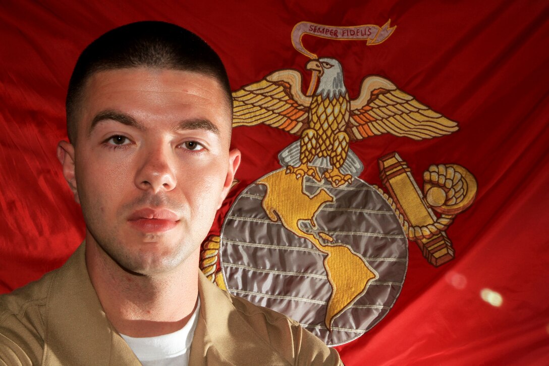 Sgt. George English, a recruiter with Recruiting Substation Plymouth, poses for a photograph at Westover Air Reserve Base, Aug., 18. English is a 25-year-old, Brockton, Massachusetts native. (Official Marine Corps photo by Staff Sgt. Richard Blumenstein).