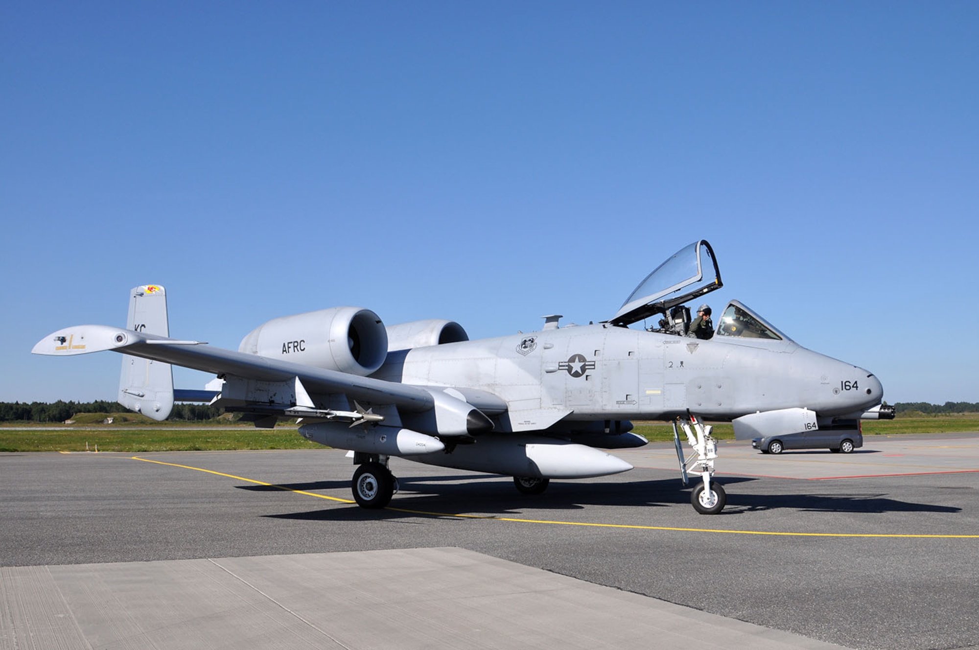 Lt. Col. Bryan Stone, a 442d Fighter Wing pilot, is the first of the eight A-10 Thunderbolt IIs to land at Amari Air Base, Estonia Aug. 22 to participate in Operation Atlantic Resolve. Air Force Reservists, active duty, and National Guard units will train with NATO allies for approximately three weeks. (U.S. Air Force photo by Capt. Denise Haeussler)