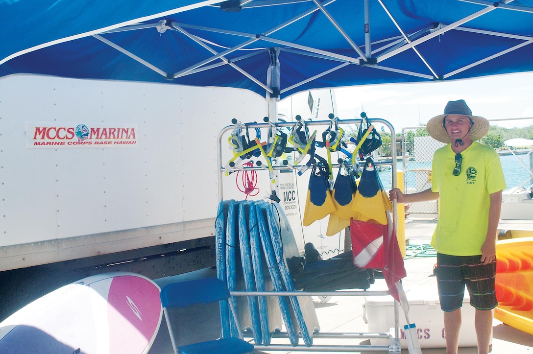Chris Phillips, a Marine and Outdoor Recreation Center staff member, poses with the new mobile truck on Aug. 26, 2015 at the Marina. The truck will be available every weekend at Pyramid Rock Beach, offering beach equipment, snacks and beverages for beach goers, from 10 a.m. to 4 p.m. The mission of the Marine Corps Community Services is to provide fitness and recreation programs, Marine and family programs and business activities in garrison and deployed environments. (U.S. Marine Corps photo by Maria Kanai/Released)