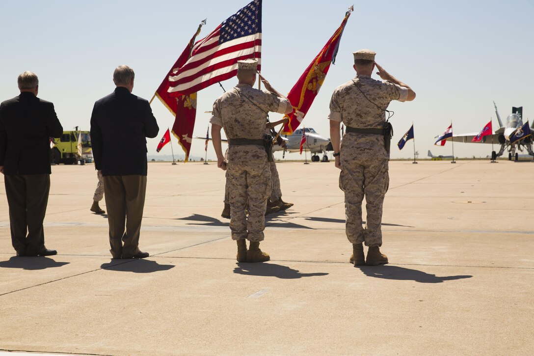 Former Marine Corps Air Station Miramar, California, commanding officers join Col. Jason Woodworth, commanding officer of MCAS Miramar, during the pass and review portion of the change of command ceremony aboard the air station, Aug. 28. Woodworth took command from Col. John Farnam, making it his fourth tour of duty in MCAS Miramar.