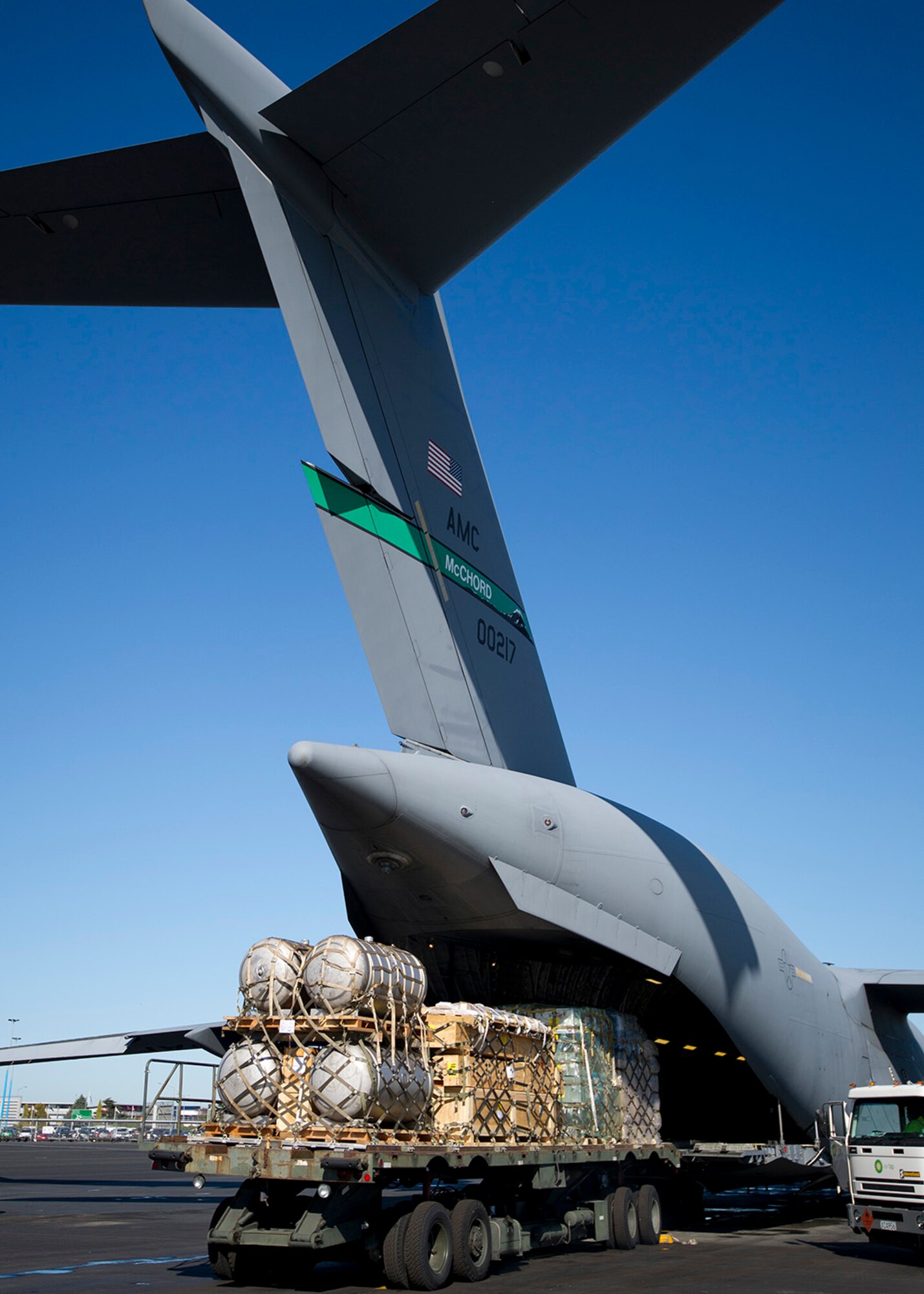 Cargo is loaded onto a U.S. Air Force C-17 Globemaster III from Joint Base Lewis-McChord, Washington, at Christchurch International Airport, New Zealand, Aug. 23, 2015, in preparation for the first WINFLY mission of the year. The cargo and passengers loaded onto the aircraft for this mission are essential to setting up the runways near the National Science Foundation’s McMurdo Station, Antarctica, and other tasks in preparation for the U.S. Antarctic Program’s research season. (U.S. Air Force photo by Senior Airman Madelyn McCullough)