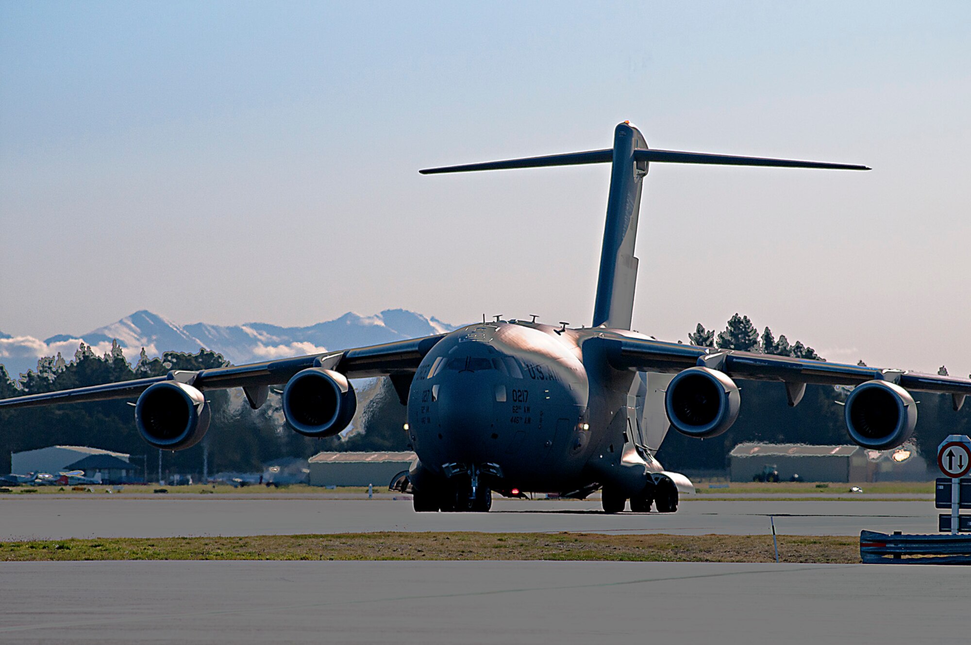 A U.S. Air Force C-17 Globemaster III from Joint Base Lewis-McChord, Washington, taxis to a parking spot at Christchurch International Airport, New Zealand, Aug. 21, 2015. The aircraft was used to fly missions to Antarctica in support of the U.S. Antarctic Program’s WINFLY. WINFLY missions are flown using night vision goggles, because the sun doesn’t rise during winter in Antarctica. (U.S. Air Force photo by Senior Airman Madelyn McCullough)