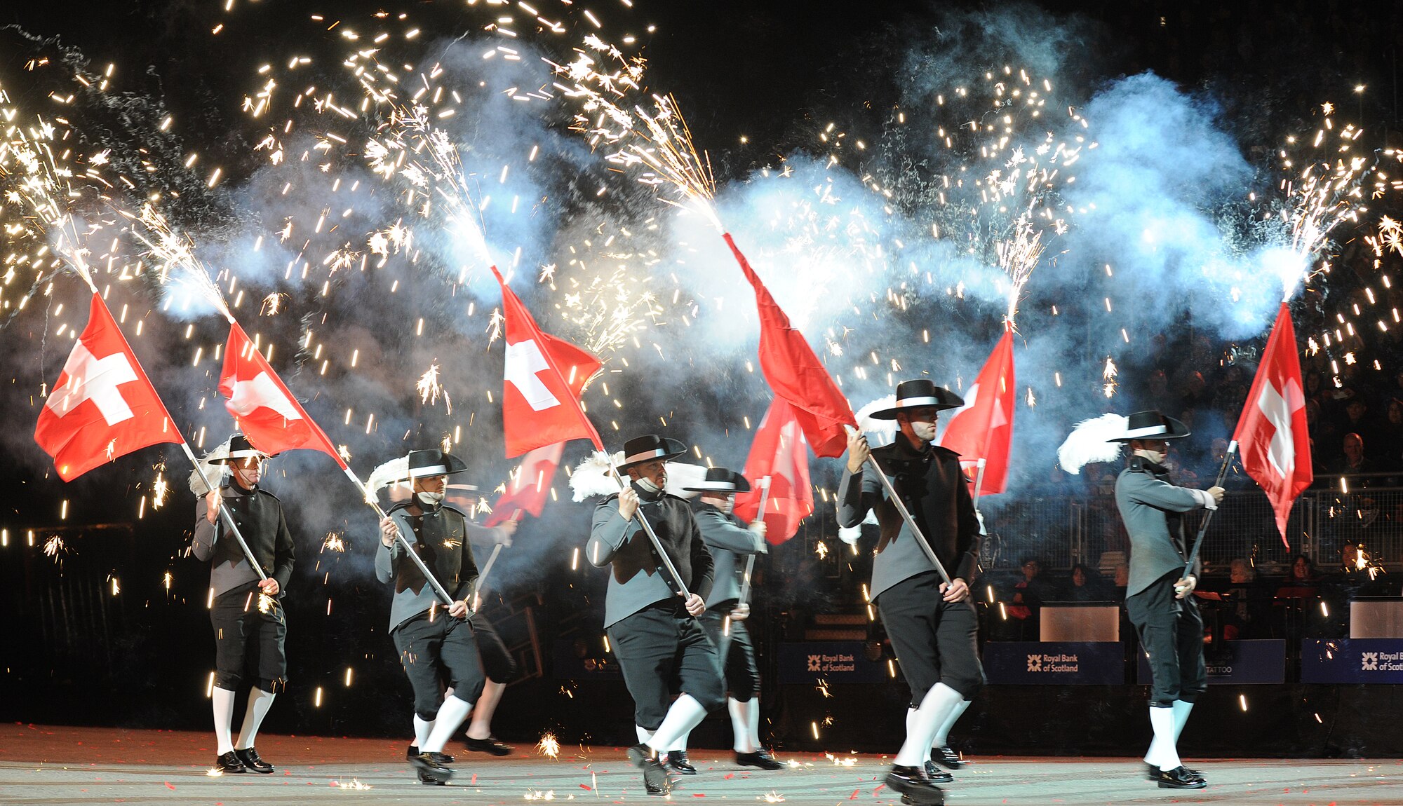 Members of the Top Secret Drum Corp from Basel, Switzerland perform during the Royal Edinburgh Military Tattoo in Edinburgh, Scotland Aug 6, 2015. Top Secret was one of 17 acts performing in this year’s tattoo. (U.S. Air Force photo/Staff Sgt. Nichelle Anderson/released)
