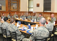 AFRC Command Chief Cameron B. Kirksey fields questions from a select group of 507th Air Refueling Wing Airmen during lunch August 9, 2015, at the Vanwey Dining Facility at Tinker Air Force Base, Okla. Kirksey said he was very impressed with the professionalism and high morale of the 507 ARW. (U.S. Air Force photo by Staff Sgt. Lauren Gleason)


