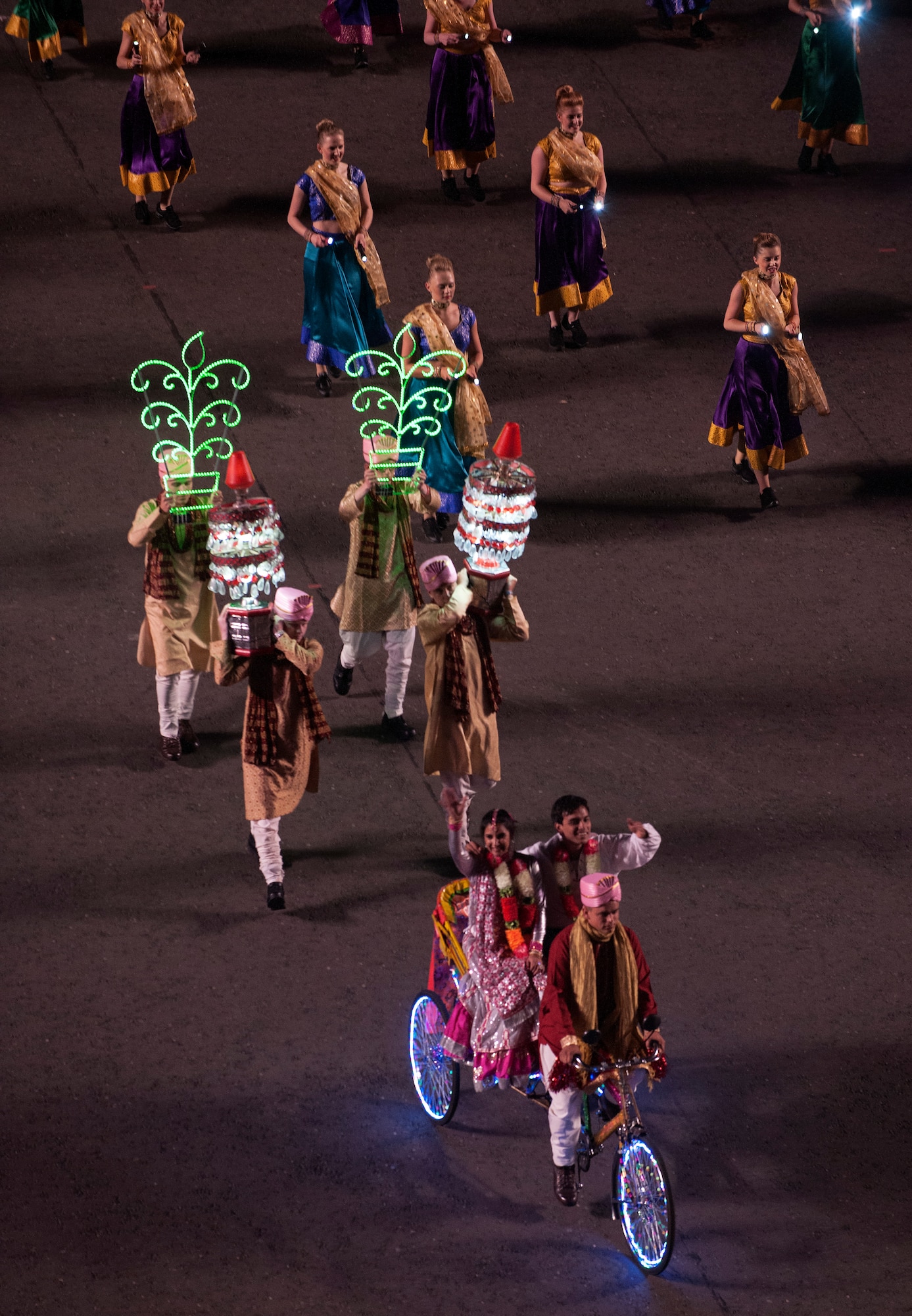 Dancers perform ‘A Bollywood Love Story’ during the Royal Edinburgh Military Tattoo in Edinburgh, Scotland Aug. 12, 2015. More than 12 Bollywood dancers joined dancers from around the world to perform during the 66th production of the tattoo. Since 1950, more than 14 million visitors have attended the tattoo in the Castle esplanade. (U.S. Air Force photo/Staff Sgt. Nichelle Anderson/released)