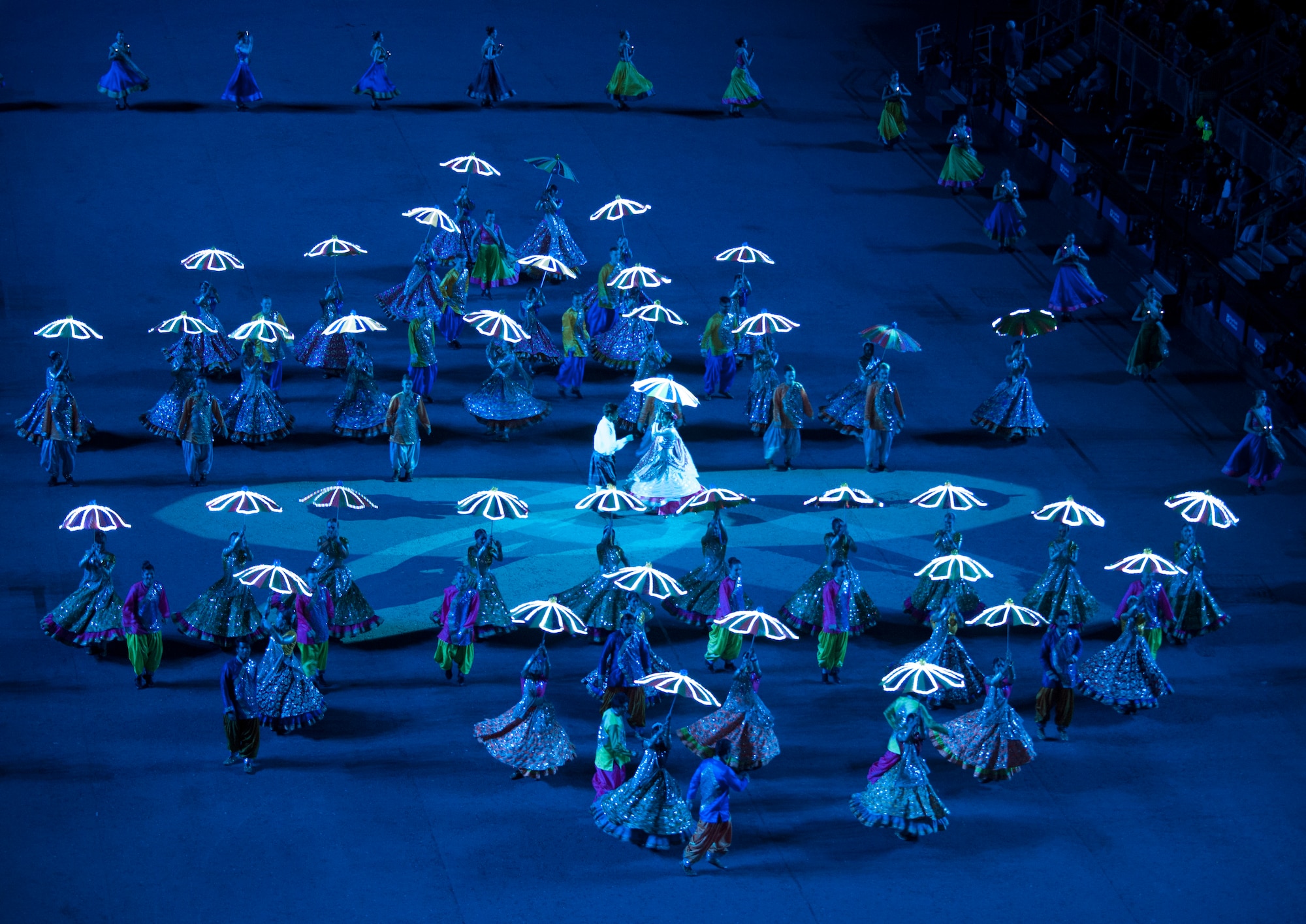 Dancers perform ‘A Bollywood Love Story’ during the Royal Edinburgh Military Tattoo in Edinburgh, Scotland Aug. 12, 2015. More than 12 Bollywood dancers joined dancers from around the world to perform during the 66th production of the tattoo. Since 1950, more than 14 million visitors have attended the tattoo in the Castle esplanade. (U.S. Air Force photo/Staff Sgt. Nichelle Anderson/released)