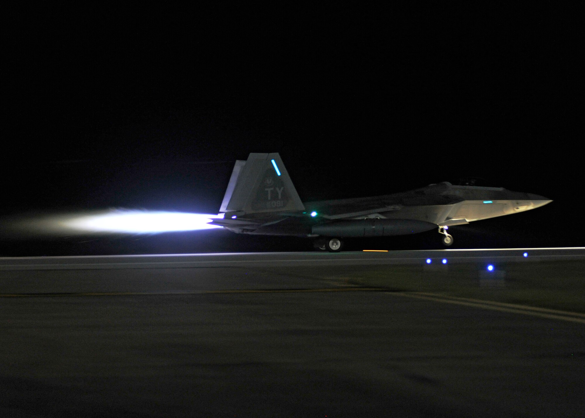 A 95th Fighter Squadron F-22 Raptor accelerates as it takes off of the Tyndall AFB, Fla. flightline. Four 95th FS Raptor’s flew to Spangdahlem Air Base, Germany, to train with allied air forces and U.S. services through mid-September. (U.S. Air Force photo by Airman 1st Class Sergio A. Gamboa/Released) 