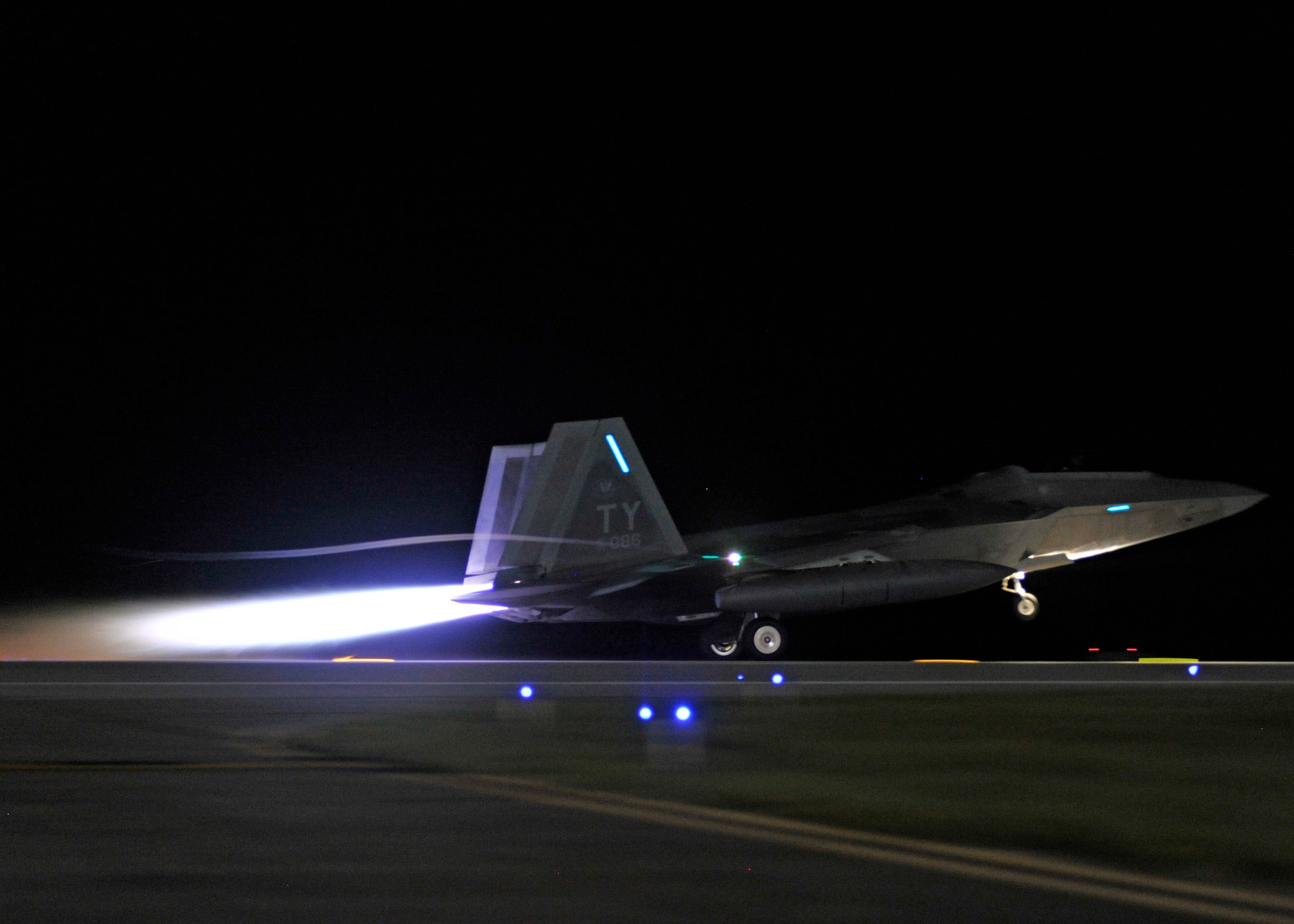 A 95th Fighter Squadron F-22 Raptor accelerates as it takes off of the Tyndall AFB, Fla. flightline. Four 95th FS Raptor’s flew to Spangdahlem Air Base, Germany, to train with allied air forces and U.S. services through mid-September. (U.S. Air Force photo by Airman 1st Class Sergio A. Gamboa/Released) 