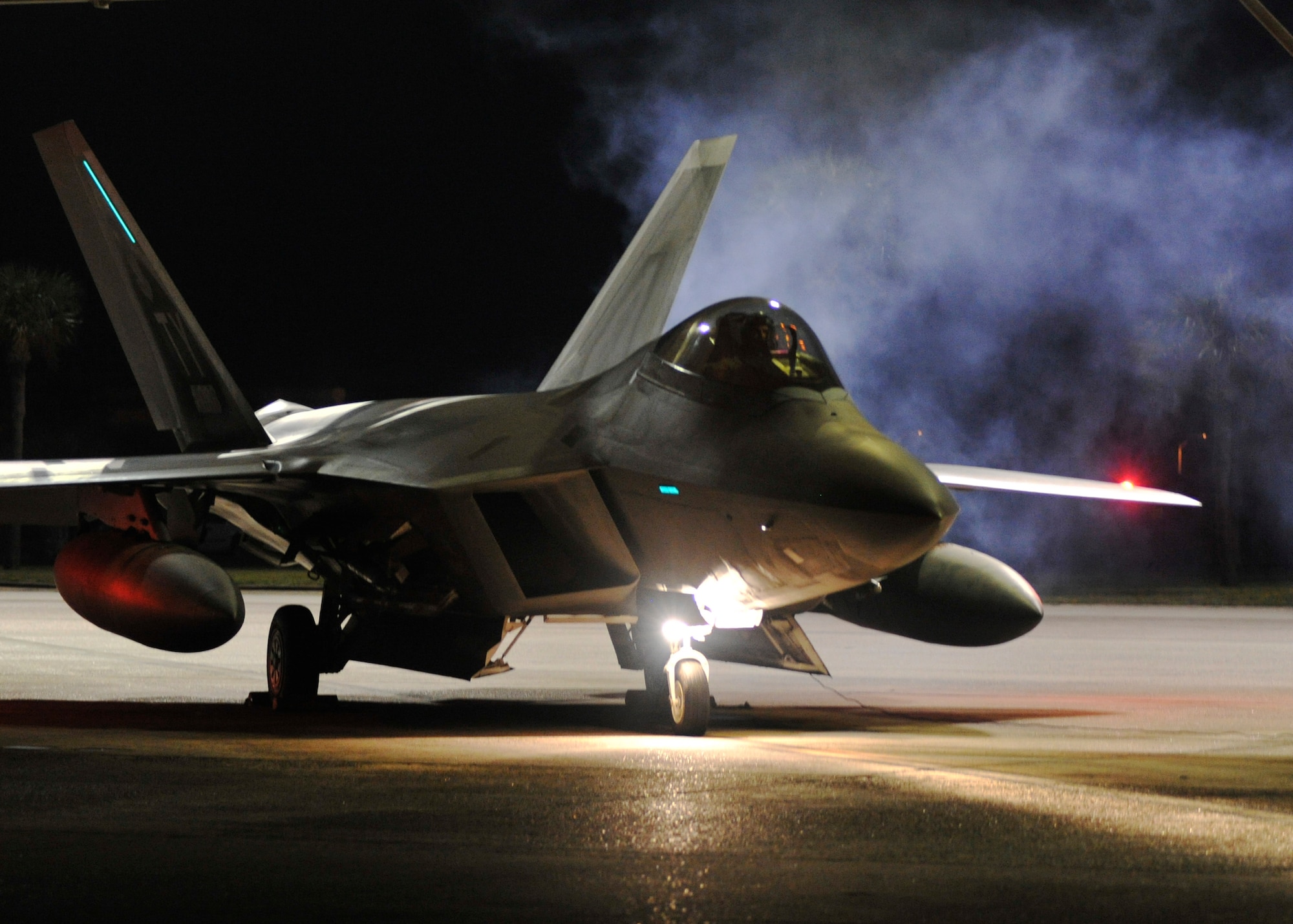 A 95th Fighter Squadron F-22 Raptor prepares to taxi down the Tyndall Air Force Base, Fla. flightline in preparation for the first-ever F-22 training deployment to Europe. This training will prove 5th generation fighters can deploy successfully to European bases and other NATO installations and give them the chance to conduct combat air training with different aircraft like the F-15 Eagle and F-16 Fighting Falcon. (U.S. Air Force photo by Airman 1st Class Sergio A. Gamboa/Released)