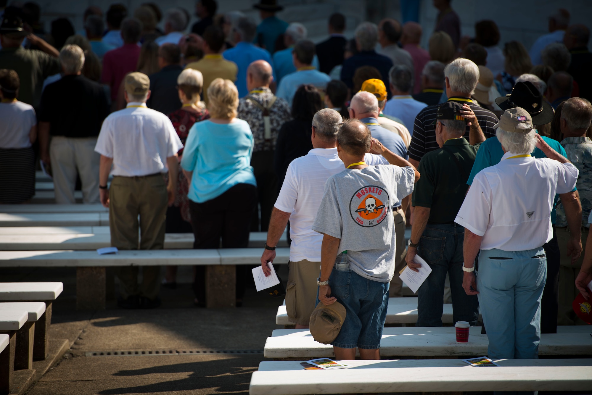 Retired service members salute during the National Anthem at the Vietnam War Pilots and Aircrew Memorial Tree Dedication Ceremony on Arlington National Cemetery, Va., Aug. 28, 2015. The Memorial service was hosted by the Vietnam Helicopter Pilots Association and honored the thousands of men and women who perished during the "Helicopter War." (U.S. Air Force photo by Staff Sgt. Chad C. Strohmeyer) (Released)