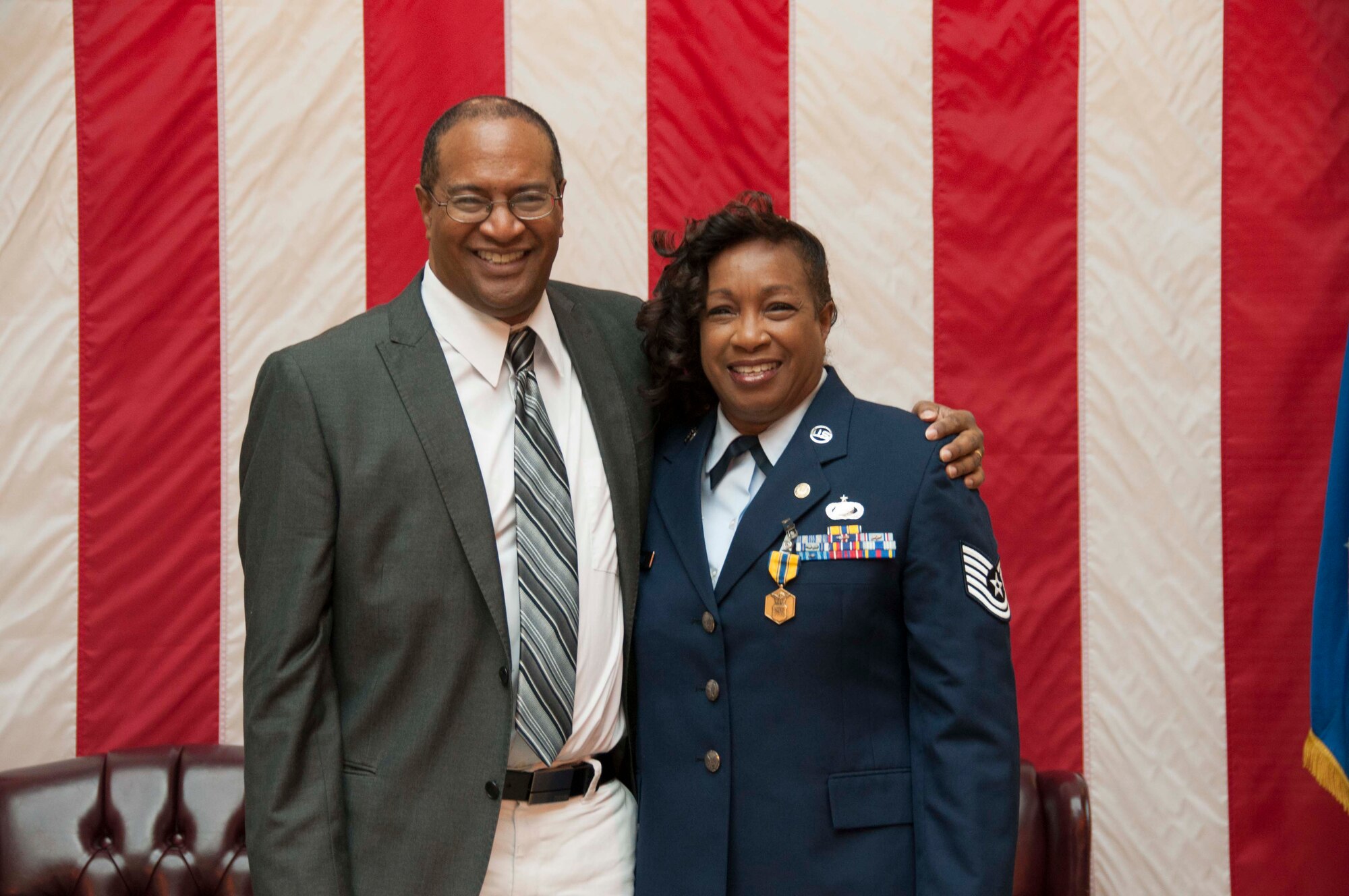 TRAVIS AIR FORCE BASE, Calif. -- Tech. Sgt. April Cofield, maintenance training manager, with the 349th Maintenance Group, retired after 21 years of military service, August 22, 2015. (U.S. Air Force photo/Staff Sgt. Cindy G. Alejandrez)