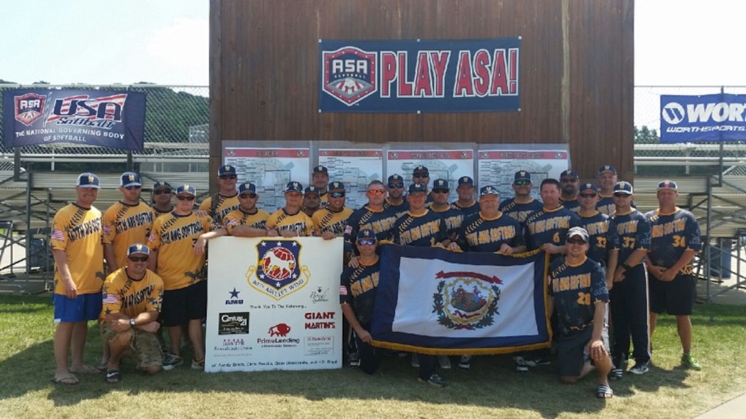 Airmen with the 167th Airlift Wing competed in the 50th Annual Air National Guard Softball Tournament in St. Joseph, Mo., this month. The Airmen represented the West Virginia Air National Guard and fielded two teams – the open and over 35. Pictured are both teams. Front left to right: Tech. Sgt. Brian Etherington, Tech. Sgt. Ryan Boehm and Tech Sgt. Tom Gyurisin. Middle left to right: Senior Airman Levi Cameron, Master Sgt. Devin Faircloth, Staff Sgt. Ricky Miller, Senior Airman Greenstreet, Master Sgt. Jody Miller, Tech. Sgt. Shad Jenkins, Master Sgt. Mike Lindamood, Master Sgt. Todd Ramsey, Senior Master Sgt. Robbie Bowers, Master Sgt. Brad Gloyd and Staff Sgt. Dave Smith. Back left to right: Staff Sgt. Glenn Housden, Master Sgt. Daniel Wean, 2nd Lt. Kevin Hurlbrink, Staff Sgt. Matt Laign, Staff Sgt. Greg Copenhaver, Airman 1st Class Tylor Baker, (Ret.) Tech. Sgt. T.J. Hageny, Master Sgt. Eddie Grove, Master Sgt. Jon Lamp, Senior Airman Shawn Martin, Col. Rod Neely, (Ret.) Master Sgt. Robbie Sprinkle and Master Sgt. Henry Crawford. (U.S. Air National Guard photo/released)