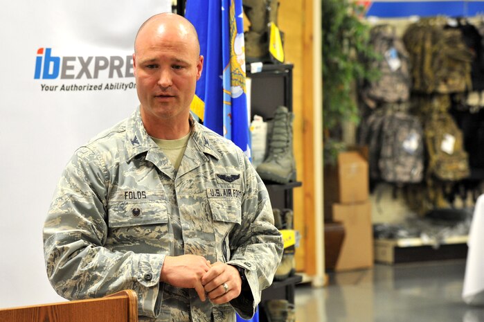 Col. Steven Folds, 341st Missile Wing vice commander, speaks during the Ability One Base Supply Program 20th anniversary ceremony Aug. 26, 2015, at Malmstrom Air Force Base, Mont. The Ability One program is the single largest source of jobs for individuals who are blind or have significant disabilities in the United States. (U.S. Air Force photo/John Turner)