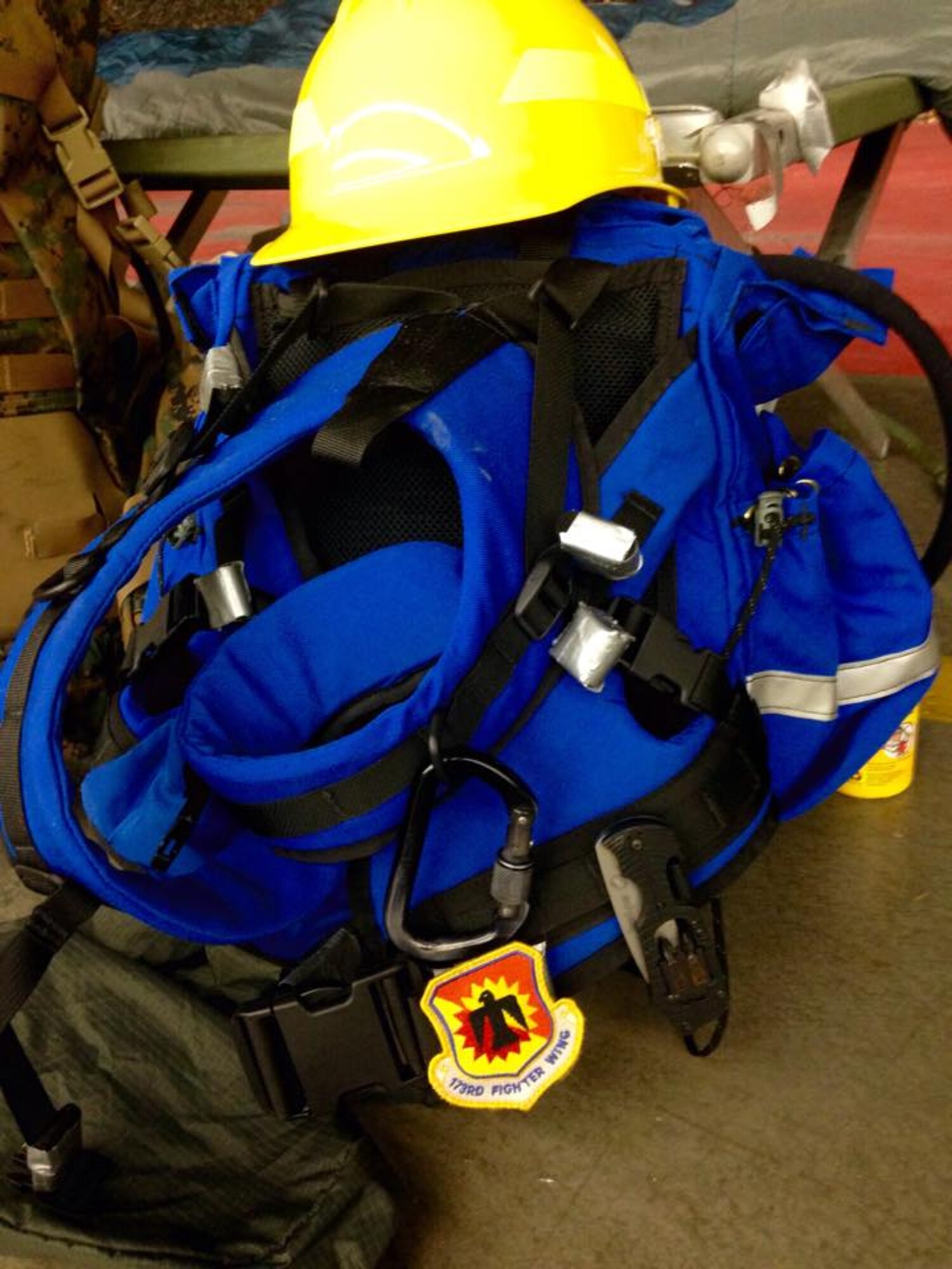 Pictured here is the equipment issued to the volunteer Airmen from the 173rd Fighter Wing who are assisting with wild land firefighting efforts across the state of Oregon August 27, 2015.  Fifty-five Airmen from Kingsley Field in Klamath Falls, Oregon were voluntarily activated by Governor Kate Brown as fires spread across the state.  (U.S. Air National Guard photo by 1st Lieutenant Adrian Mateos/released)