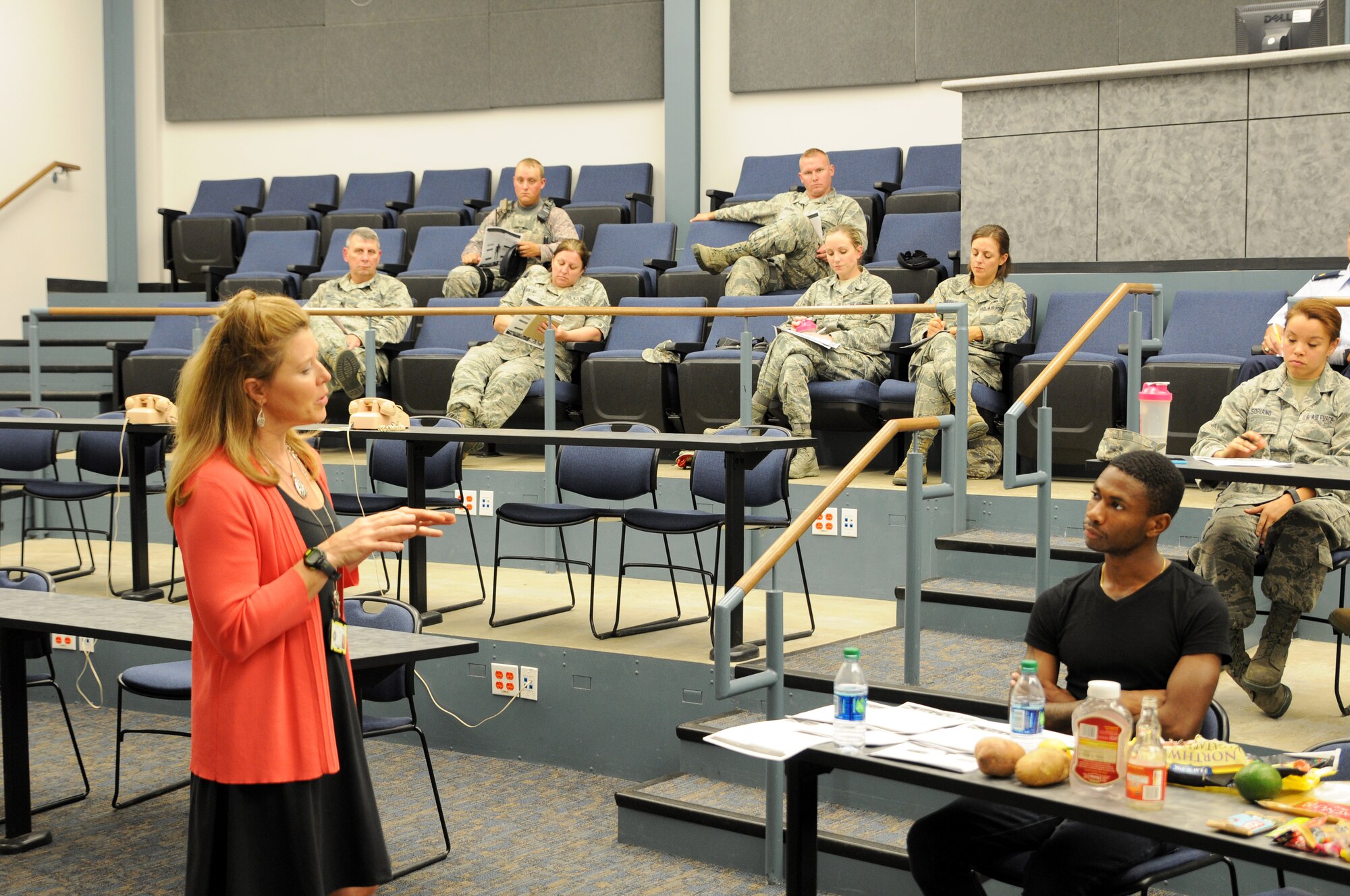 Lori Tubbs, human performance nutritionist, discusses the importance of a healthy diet with members of the 188th Wing Aug. 26, 2015, at Ebbing Air National Guard Base, Fort Smith, Ark. The information provided by Tubbs includes dietary supplement red flags, eating a rainbow assortment of foods, performance nutrition fundamentals. (U.S. Air National Guard photo by Senior Airman Cody Martin/Released)