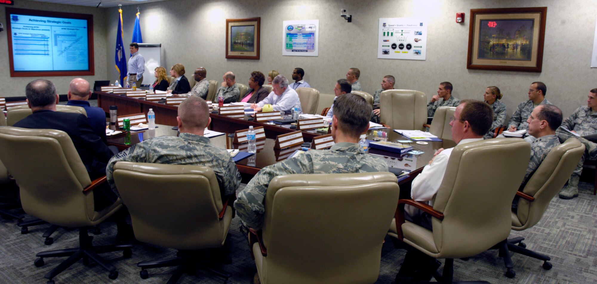 Senior leaders from the across the Air Force Sustainment Center listen to a briefing during an AFSC Senior Leader Conference at Tinker Air Force Base Aug. 24-26. The conference focuses on the AFSC Way, the Leadership Model and a host of process improvement tools developed to execute the mission of the AFSC at the strategic, operational and tactical level.  (Air Force photo by Jerry Bryza Jr./Released)