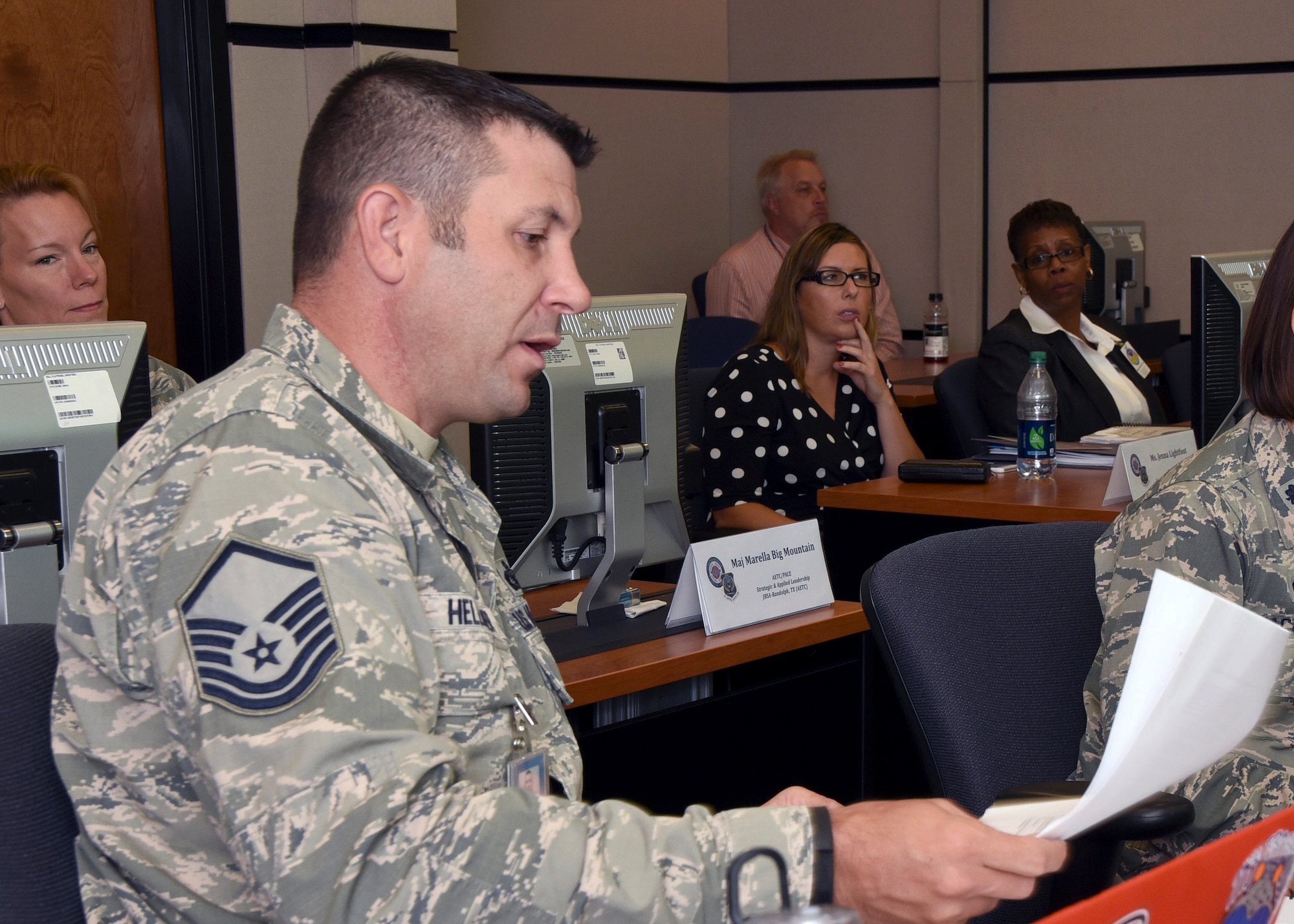 Master Sgt. Scott Hellinger, 423d Mobility Training Squadron Master Resilience Trainer Course flight chief and instructor, discusses the MRTC curriculum at the U.S. Air Force Expeditionary Center, Aug. 13. The MRTC, taught at the USAFEC, underwent an Instructional System Design review with credentialed Airmen whose professions align with the Comprehensive Airmen Fitness model of Mental, Physical, Social, and Spiritual domains. (U.S. Air Force photo/Bradley Camara)