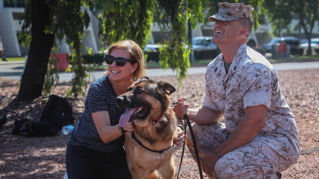 The wife of the Secretary of Defense, Stephanie Carter poses for a photograph with GySgt. Chris Willingham and retired military working dog “Lucca” aboard Marine Corps Base Camp Pendleton, Calif., Aug, 27, 2015. Working dogs and their handlers demonstrated their ability to detect explosives and detain hostile personnel.