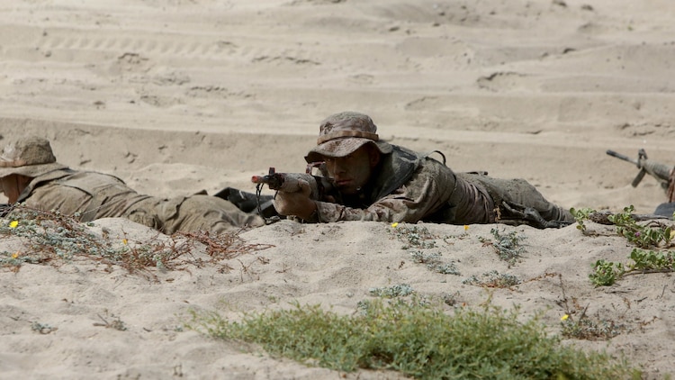 Marines with 1st Reconnaissance Battalion, 1st Marine Division, reconnoiter the beach during an amphibious raid demonstration in conjunction with a visit from the secretary of defense, aboard Marine Corps Base Camp Pendleton, Calif., Aug. 27, 2015.  The Marines inserted close to the beach using riverine command boats and swam ashore to conduct a beach reconnaissance with the mission to identify any obstacles or enemy that may interfere with the main landing. 
