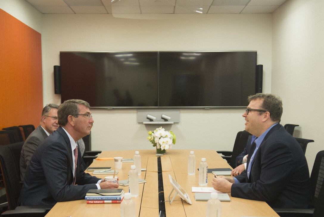 Defense Secretary Ash Carter speaks with LinkedIn co-founder Reid Hoffman at the company's headquarters in Mountain View, Calif., Aug. 28, 2015, to discuss technologies the Department of Defense could learn from the social networking service. DoD photo by U.S. Air Force Master Sgt. Adrian Cadiz