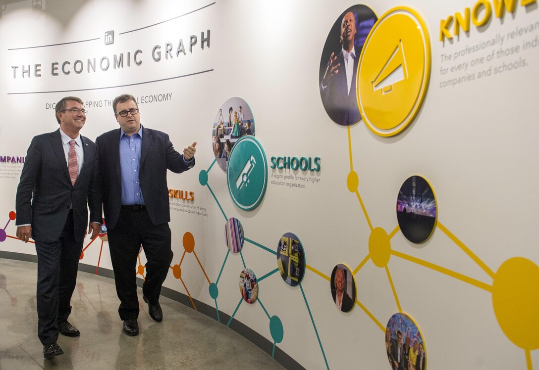 Defense Secretary Ash Carter tours LinkedIn headquarters during a visit with the company's co-founder, Reid Hoffman, in Mountain View, Calif., Aug. 28, 2015. Carter was there to discuss technologies the Department of Defense could learn from the social networking service. DoD photo by U.S. Air Force Master Sgt. Adrian Cadiz