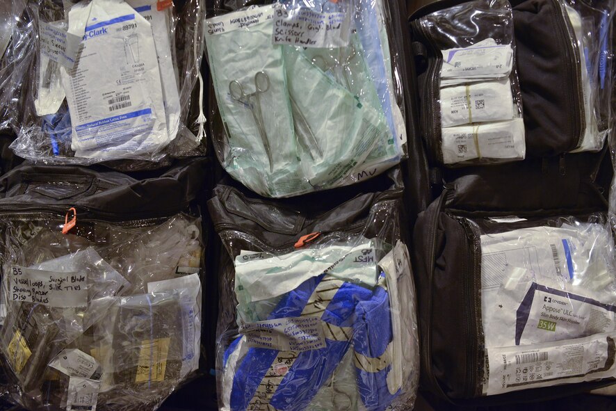 Medical supplies are packaged and separated to help members of the 379th Expeditionary Medical Group Mobile Field Surgical Team and Expeditionary Critical Care Team quickly locate and use needed items during training and real-world situations. (U.S. Air Force photo/Staff Sgt. Alexandre Montes)