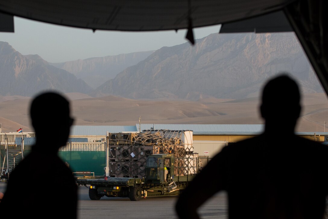 U.S. Airmen assigned to the 455th Air Expeditionary Wing prepare to load cargo onto an Air Force C-130J Super Hercules aircraft at Mazar-e Sharif Airfield, Afghanistan, Aug. 27, 2015. The aircrafts short takeoff and landing capability makes it an optimum fit for Afghanistan’s rugged terrain. (U.S. Air Force photo by Tech. Sgt. Joseph Swafford/Released)