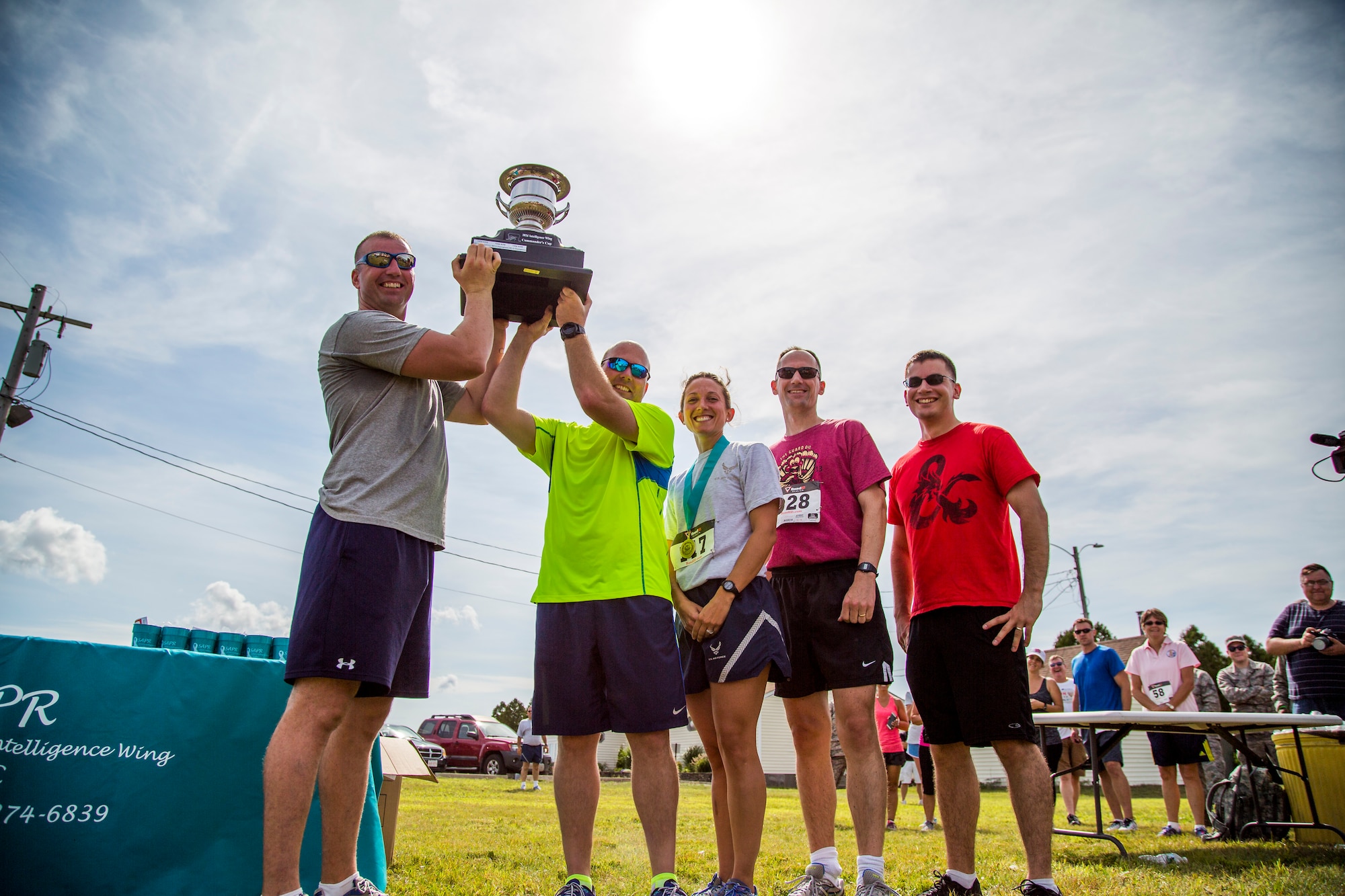 On August 29, 2015 the 102nd Intelligence Wing held its first Sexual Assault Prevention and Response 5k. The Awareness run was a mix of runners and walkers speeding along South Outer Road, allowing those involved to engage in some friendly competition and show their support for Sexual Assault Prevention and Response. (Air National Guard photo by Staff Sgt. Jeremy Bowcock)
