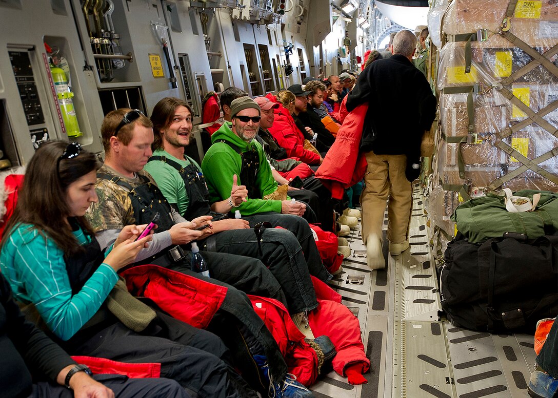 Passengers prepare for takeoff on their way to McMurdo Station, Antarctica, on a U.S. Air Force C-17 Globemaster III at Christchurch International Airport, New Zealand, Aug. 23, 2015. These passengers will be working for the National Science Foundation-managed U.S. Antarctic Program, a program that has been conducting scientific research in the area since 1956. (U.S. Air Force photo by Senior Airman Madelyn McCullough)