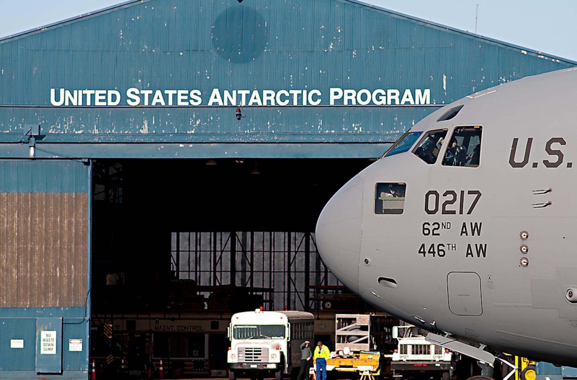 A U.S. Air Force C-17 Globemaster III from Joint Base Lewis-McChord, Washington, taxis to a parking spot at Christchurch International Airport, New Zealand, Aug. 21, 2015, in support of the U.S. Antarctic Program’s winter fly (WINFLY) operations. WINFLY takes place at the end of the Antarctic winter when the sun first begins rising over the Southern Hemisphere. Deep Freeze is a multi-agency operation, the military component of the U.S. Antarctic Program, which is managed by the National Science Foundation. (U.S. Air Force photo by Senior Airman Madelyn McCullough)