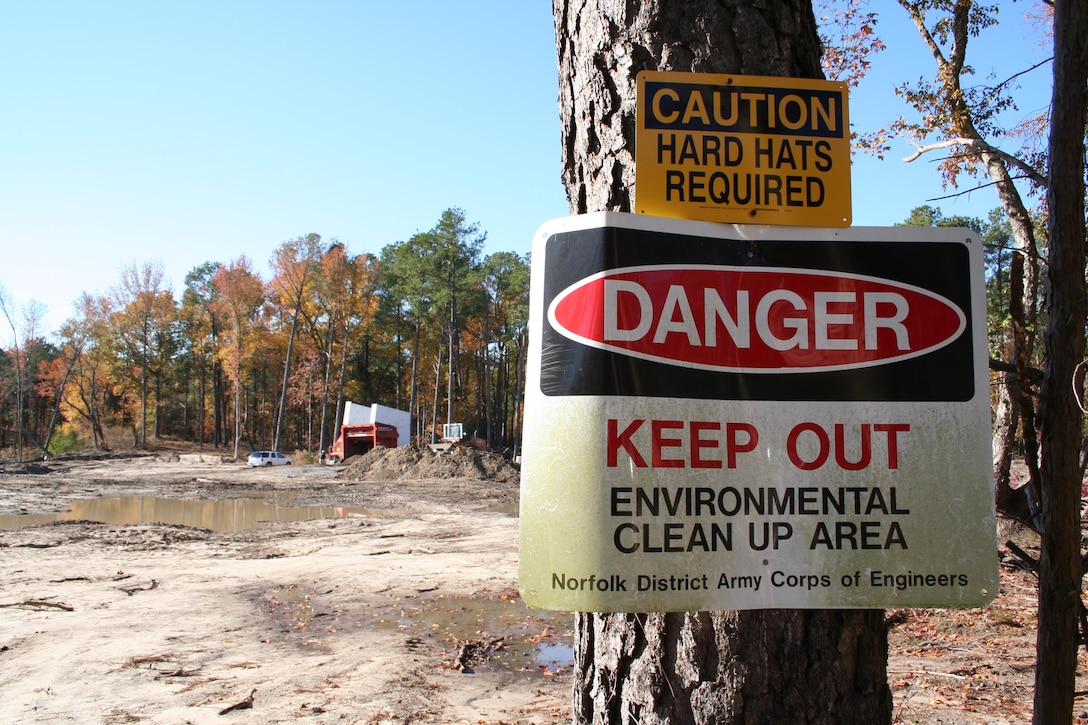 SUFFOLK, Va. -- A sign warns people of the danger at the Former Nansemond Ordnance Depot. In 1987 the Former Nansemond Ordnance Depot  became a matter of public concern when a piece of crystalline TNT was found at the Tidewater Community College, Portsmouth Campus. Extensive historical research, investigations, and testing led the U.S. Environmental Protection Agency to place this site on the National Priority list in 1999. The U.S. Army Corps of Engineers has managed the clean-up project on this site since. (U.S. Army photo/Patrick Bloodgood)