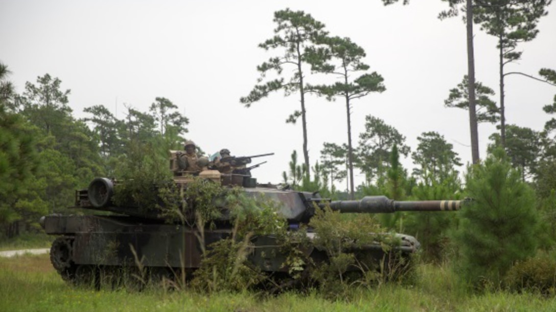 An M1A1 Abrams main battle tank, from Bravo Company, 2nd Tank Battalion, hides in the brush during a defensive maneuver at Marine Corps Base Camp Lejeune, N.C., Aug. 26, 2015. The tank, and the Marines operating it, was part of a company offensive and defensive exercise where platoons of tanks took turns patrolling and searching for each other to reinforce basic skills sets. 