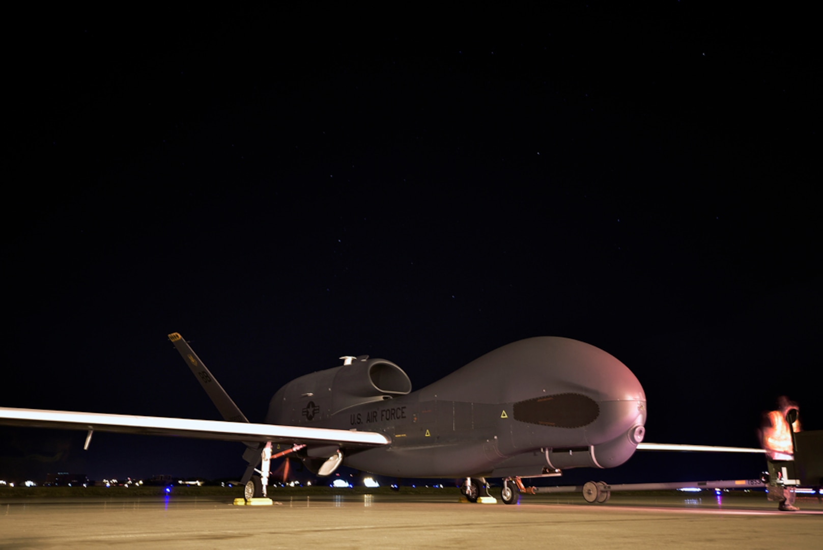 In this photo, an RQ-4 Global Hawk is towed during flight recovery at Misawa Air Base, Japan, Aug. 19, 2015. Several of these unmanned aircraft will operate out of Misawa until December 2015, and will provide a broad spectrum of intelligence, surveillance and reconnaissance collection capabilities in support of joint combatant forces in worldwide peacetime, contingency and crisis operations. 