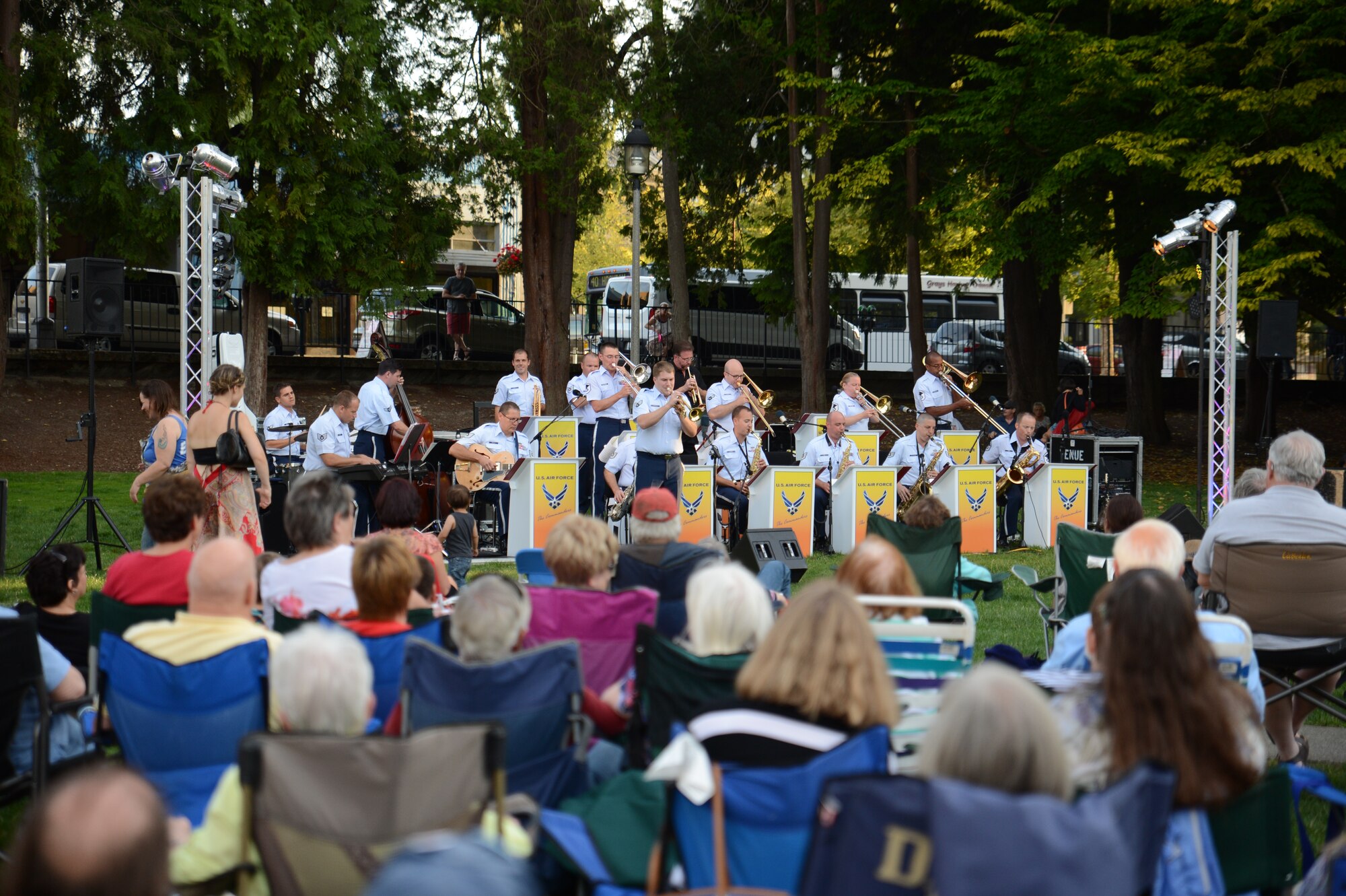 The Air Force Band of the Golden West’s jazz ensemble, The Commanders, performs Aug. 27, 2015, at Sylvester Park in Olympia, Wash. A typical evening with The Commanders might include favorites from Glenn Miller, Duke Ellington, Woody Herman, Count Basie, and Dizzy Gillespie to the sounds of today's modern jazz groups. (U.S. Air Force photo by Staff Sgt. Katie Jackson)