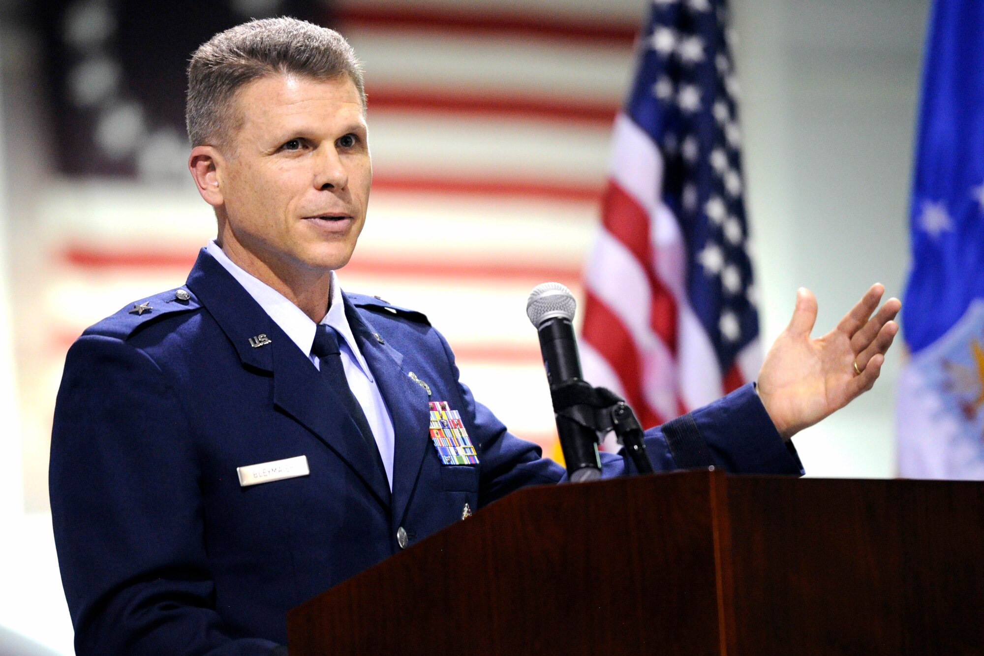 Brig. Gen. Steven J. Bleymaier, new Ogden Air Logistics Complex commander, speaks to an audience of Airmen, civilians, community partners, and state dignitaries during the Ogden ALC change of command ceremony at Hill Air Force Base, Utah, Aug. 31. Bleymaier, who previously served as director of staff at Air Force Materiel Command headquarters, said he is looking forward to becoming a part of Team Hill’s success and continuing the “AFSC Way journey.”