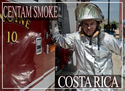 Donald Gerardo Avila Montoya, who has been a firefighter in Costa Rica for more than 10 years, pauses for a photo opportunity during the CENTAM SMOKE exercise Aug. 28, 2015, at Soto Cano Air Base, Honduras. The exercise, known as Central America Sharing Mutual Operational Knowledge and Experience, or "CENTAM SMOKE," brings together U.S. and Central American firefighters to train and improve their ability to work together. (U.S. Air Force illustration by Staff Sgt. Jessica Condit)