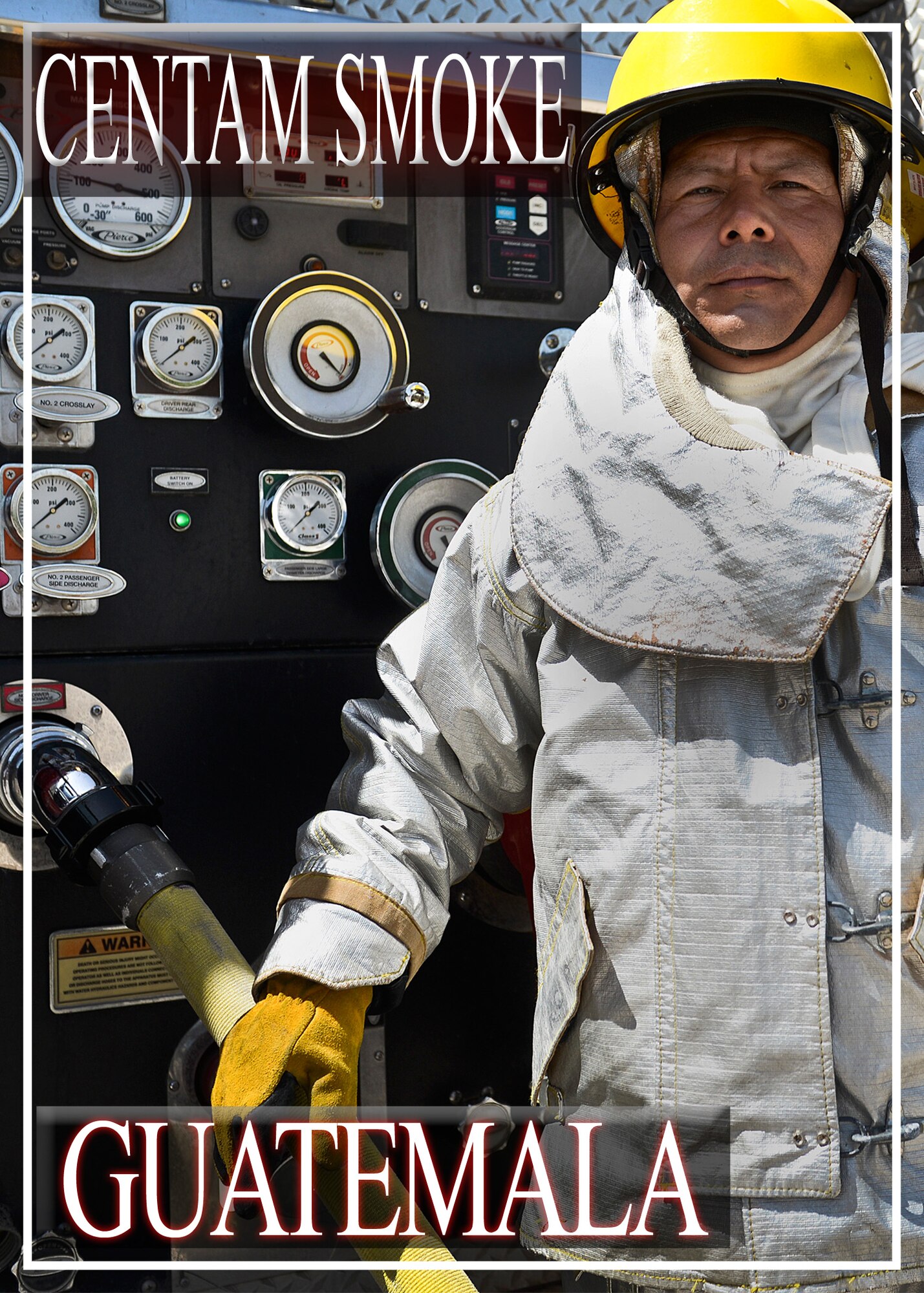 Efrain Rodrigo Lopez Ixpata, a military firefighter from Guatemala poses for a photo opportunity during the CENTAM SMOKE exercise Aug. 28, 2015, at Soto Cano Air Base, Honduras. The exercise, known as Central America Sharing Mutual Operational Knowledge and Experience, or "CENTAM SMOKE," brings together U.S. and Central American firefighters to train and improve their ability to work together. (U.S. Air Force illustration by Staff Sgt. Jessica Condit)