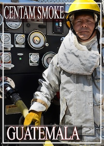 Efrain Rodrigo Lopez Ixpata, a military firefighter from Guatemala poses for a photo opportunity during the CENTAM SMOKE exercise Aug. 28, 2015, at Soto Cano Air Base, Honduras. The exercise, known as Central America Sharing Mutual Operational Knowledge and Experience, or "CENTAM SMOKE," brings together U.S. and Central American firefighters to train and improve their ability to work together. (U.S. Air Force illustration by Staff Sgt. Jessica Condit)