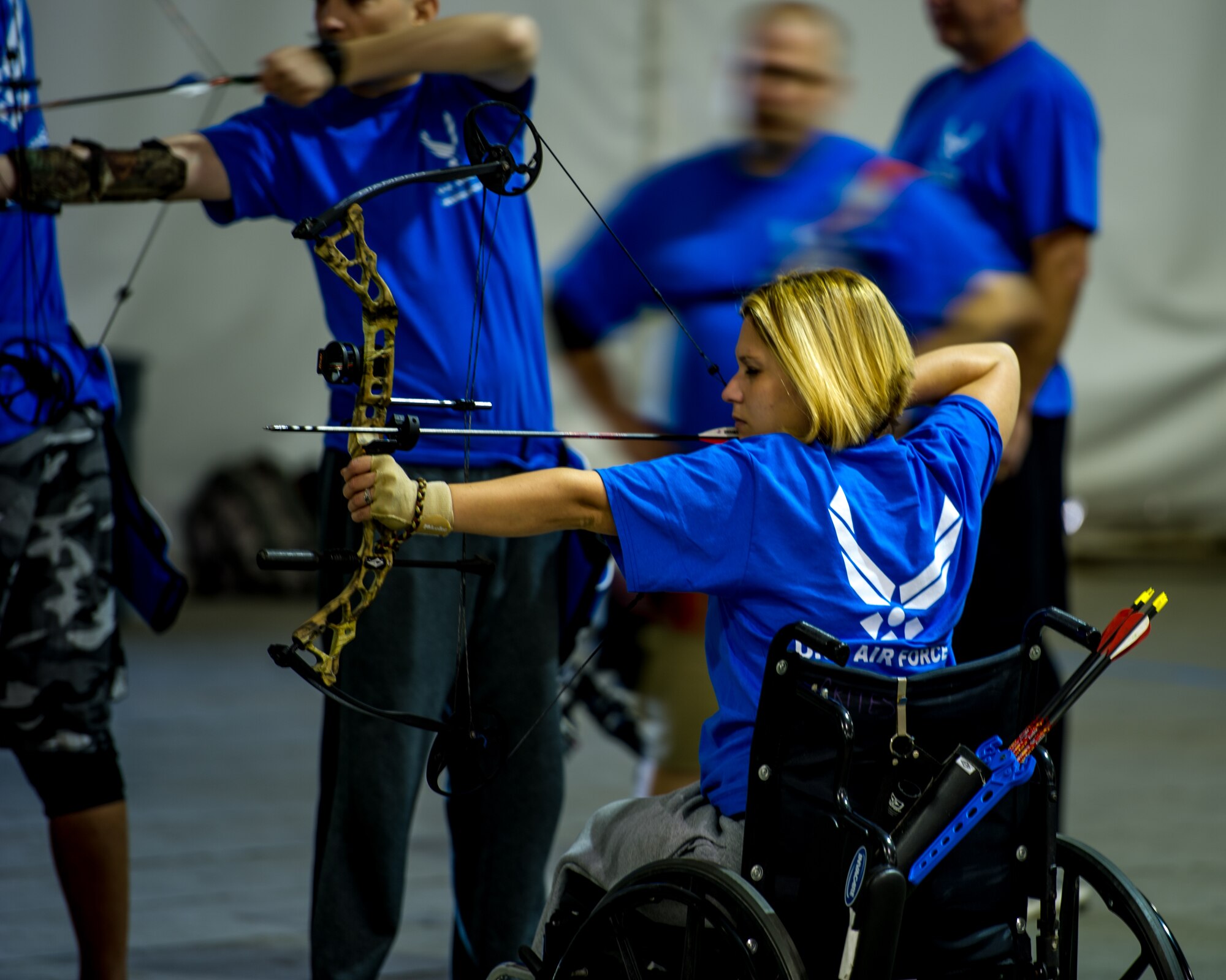 A Wounded Warrior aims a bow while participating in archery training during the Air Force Wounded Warrior Program Warrior Care event, Aug. 26, 2015 at Joint Base Lewis-McChord, Wash. The Warrior Care event featured adaptive and rehabilitative sports, activities, career readiness, recovering Airman mentorship and caregiver training. It was an opportunity for all wounded, ill and injured service members to engage in friendly competition. Wounded Warriors from JBLM and veterans from the northwest region were all invited to participate in the camp. (U.S. Air Force Reserve photo by Senior Airman Daniel Liddicoet/Released)