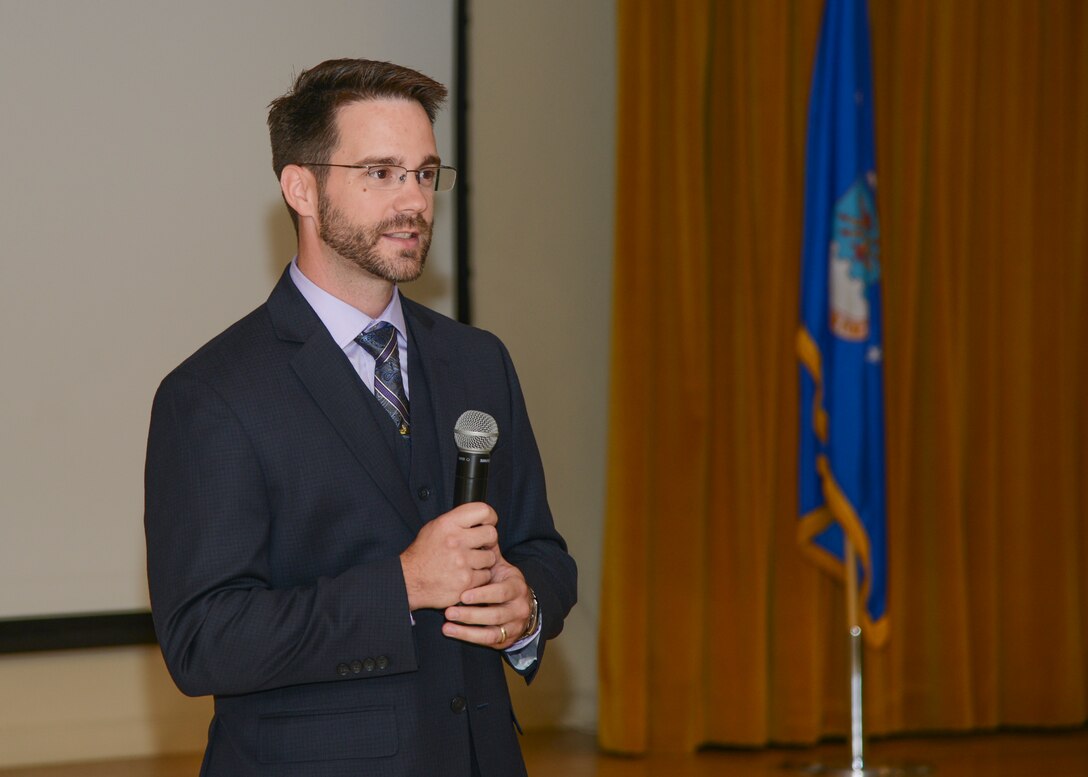 Jon Ghent, Lockheed Martin engineering manager, spoke on the lack of women in the fields of Science, Technology, Engineering and Mathematics (STEM). He shared his thoughts on encouraging women to enter STEM fields by changing the social narratives that limit what women believe they can do. (U.S. Air Force photo by Rebecca Amber)