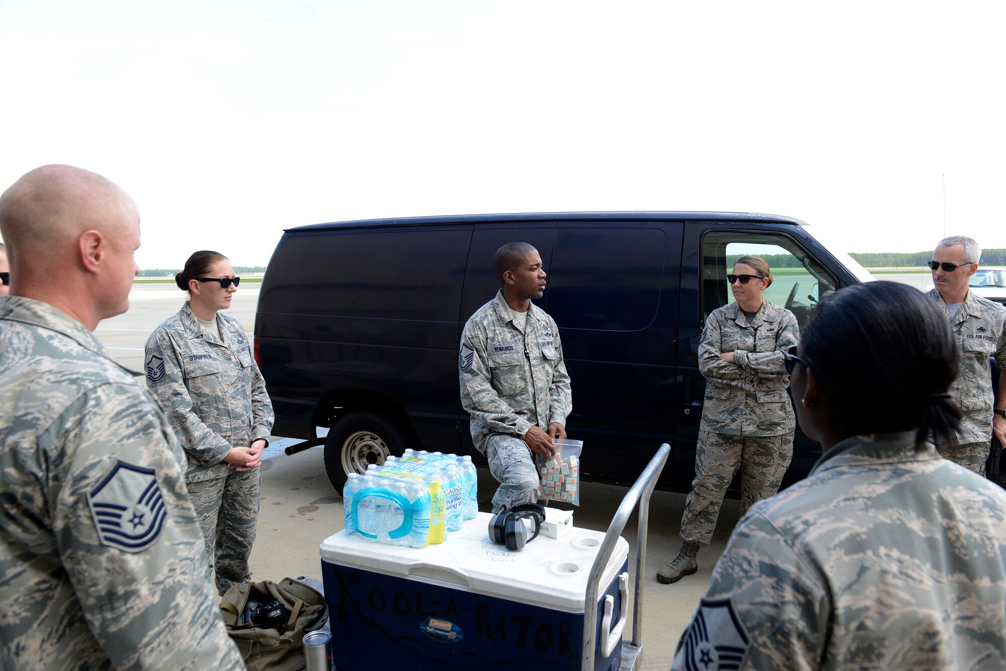 Shaw Top 3 members prepare for a mentorship event at Shaw Air Force Base, S.C., Aug. 28, 2015. The purpose of the event was to reach out and provide mentorship opportunities to Airmen in the units that do not have a lot of Top 3 representation due to manning and deployments. (U.S. Air Force photo by Airman 1st Class Christopher Maldonado/Released)