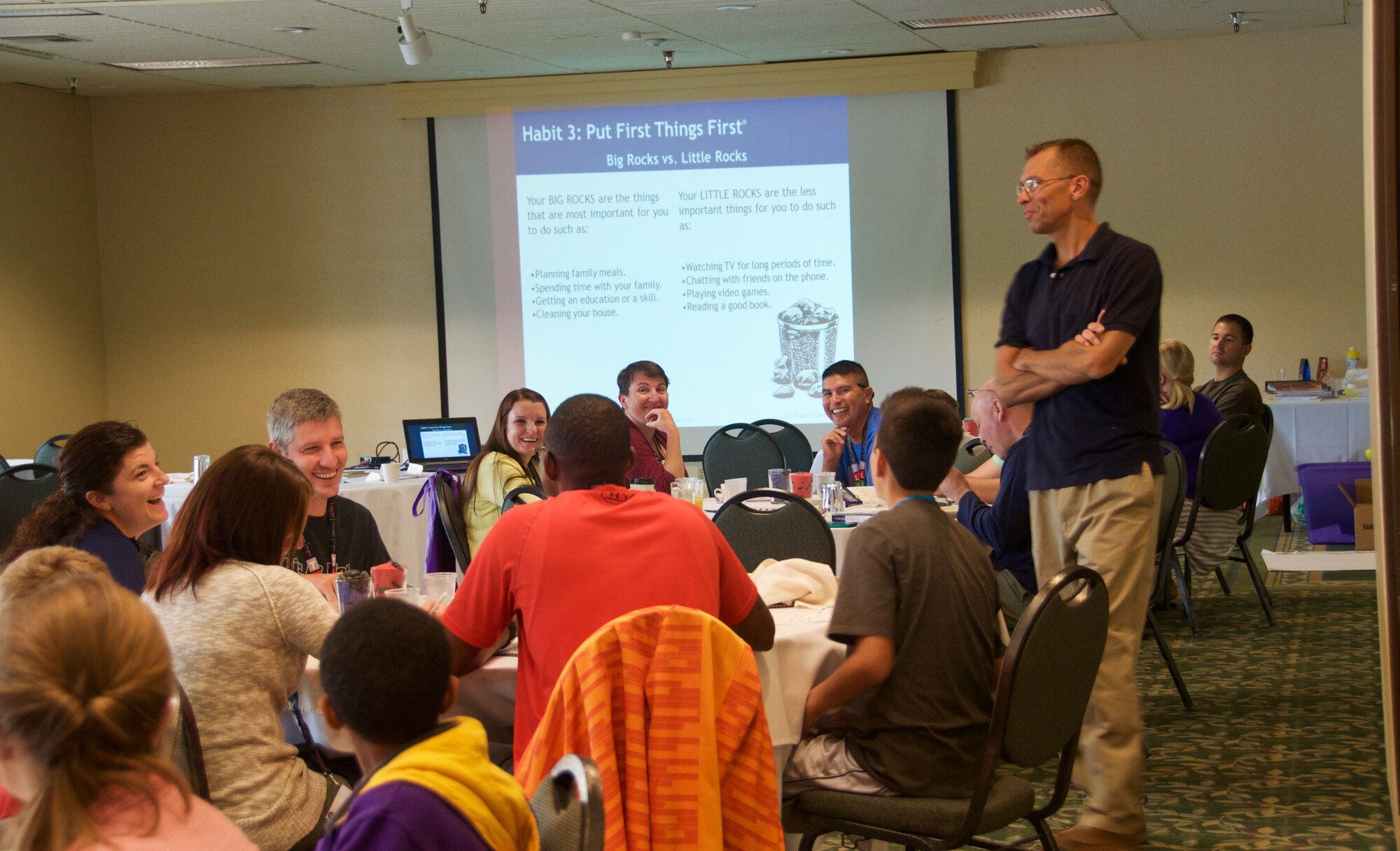 Capt. Stephen Howard, 141st ARW chaplain, leads a discussion with several Team Fairchild families during a family retreat August 29, 2015 in Post Falls, Id. The families participated in interactive sessions that covered Stephen R. Covey’s “The Seven Habits of Highly Effective Families.” 